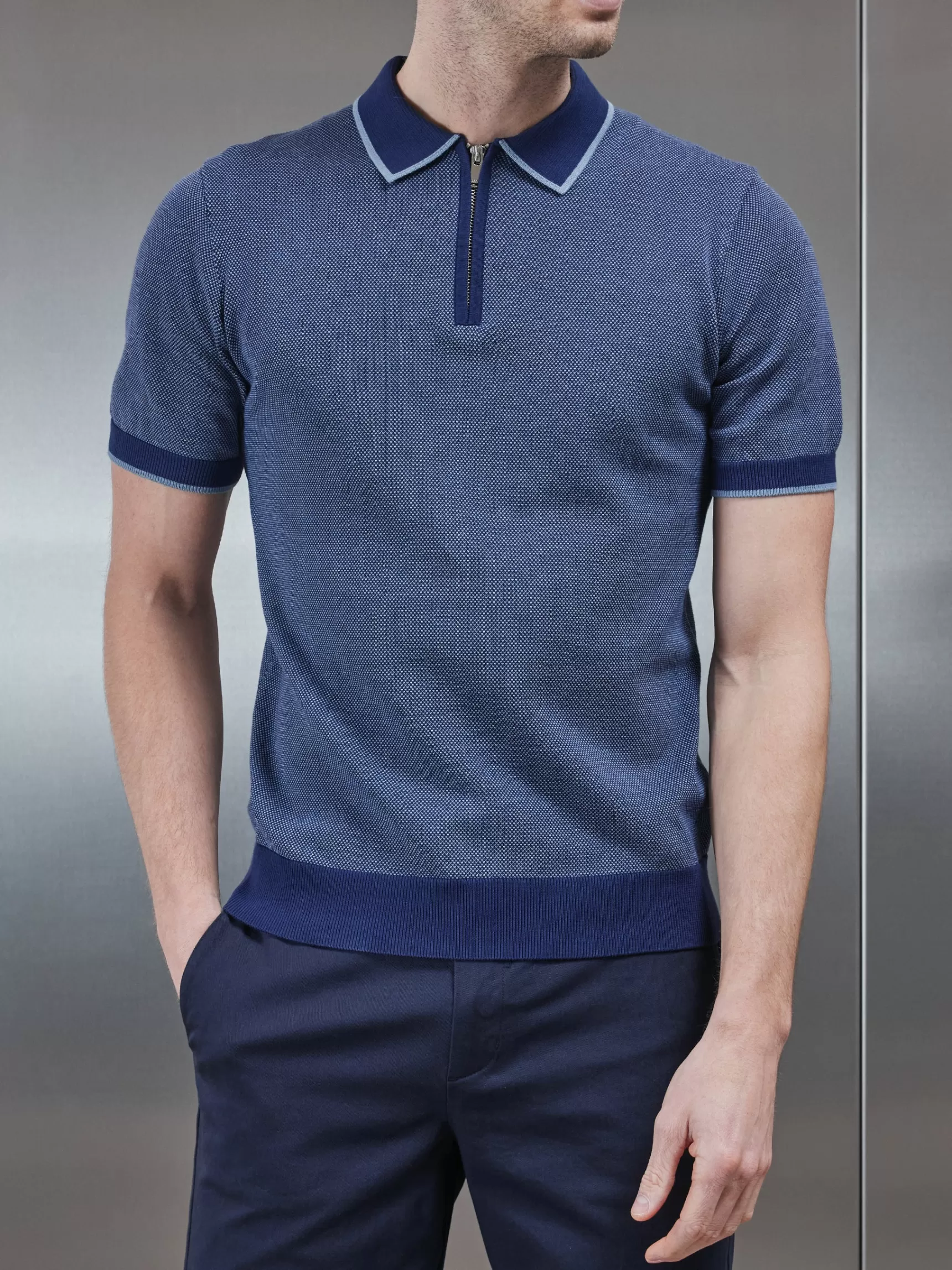 New ARNE Capri Textured Knitted Zip Polo Shirt - Navy