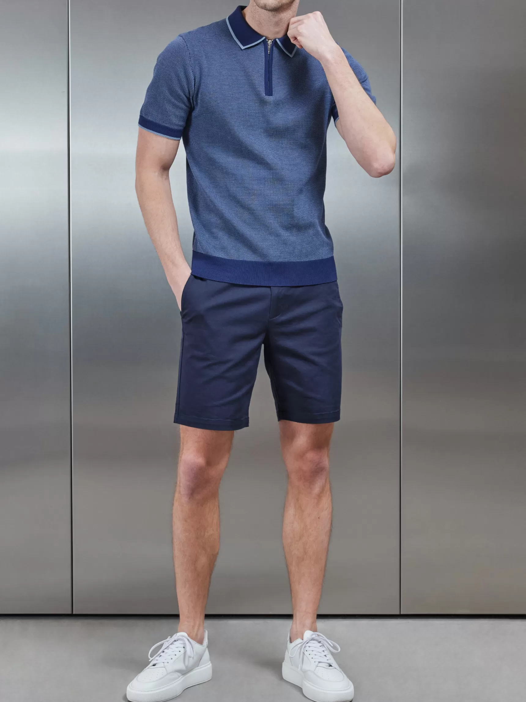 New ARNE Capri Textured Knitted Zip Polo Shirt - Navy