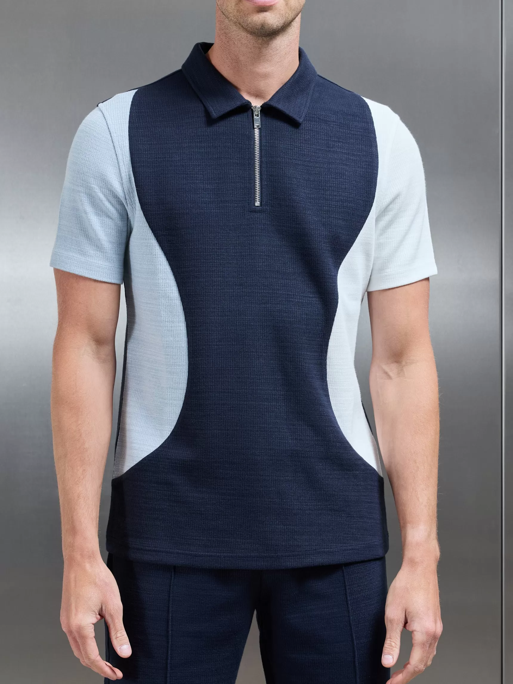 New ARNE Cavour Colour Block Zip Polo Shirt - Navy