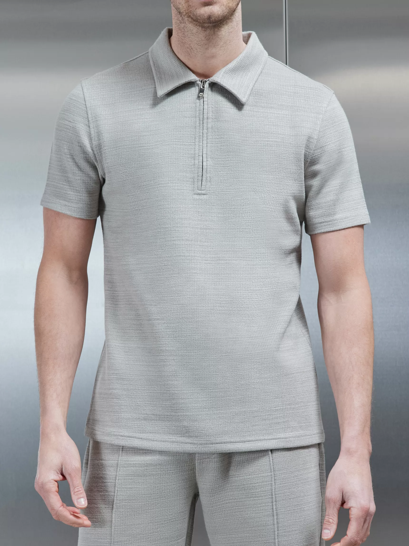 Sale ARNE Cavour Textured Half Zip Polo Shirt - Stone