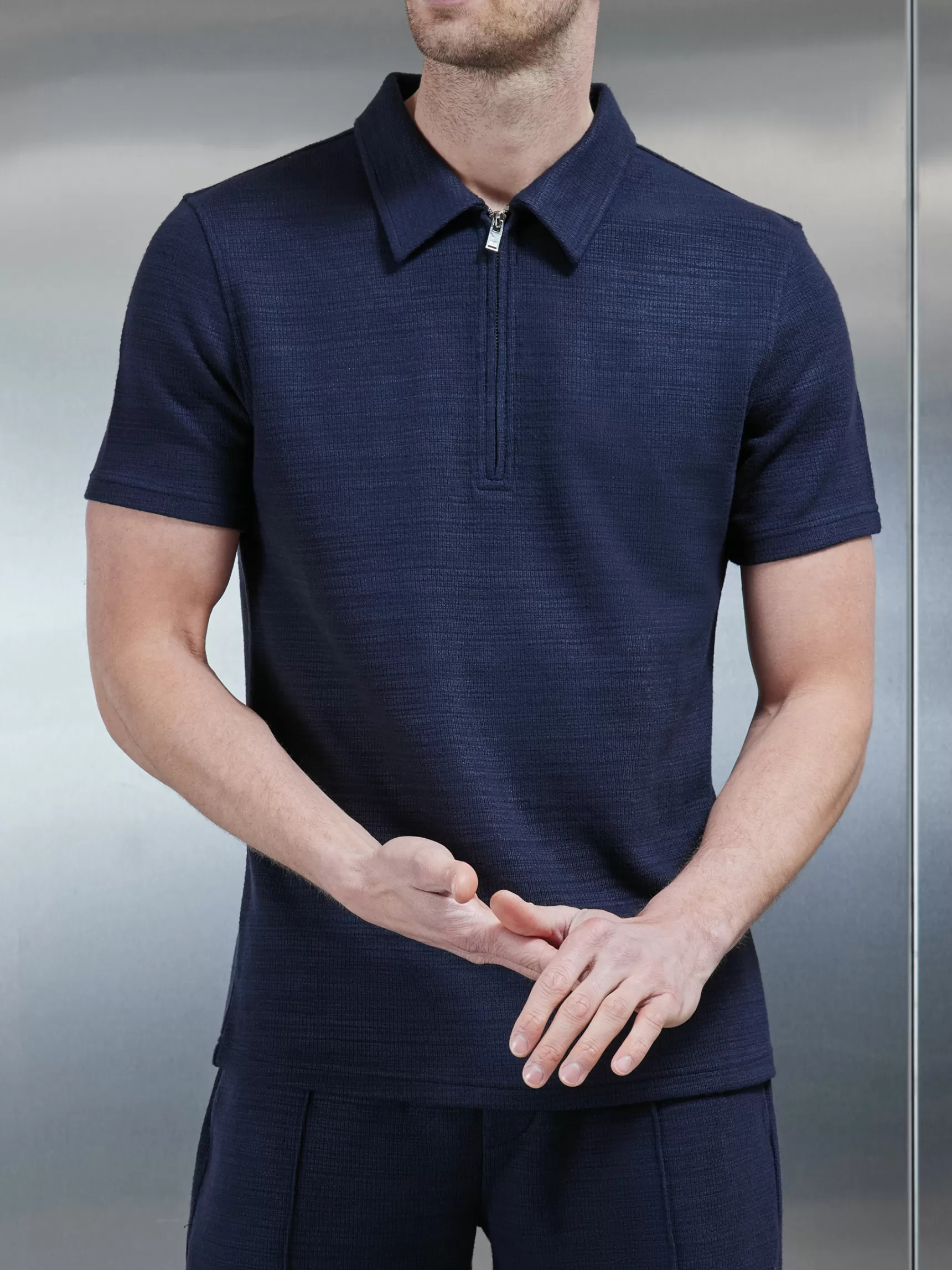 Shop ARNE Cavour Textured Zip Polo Shirt - Navy