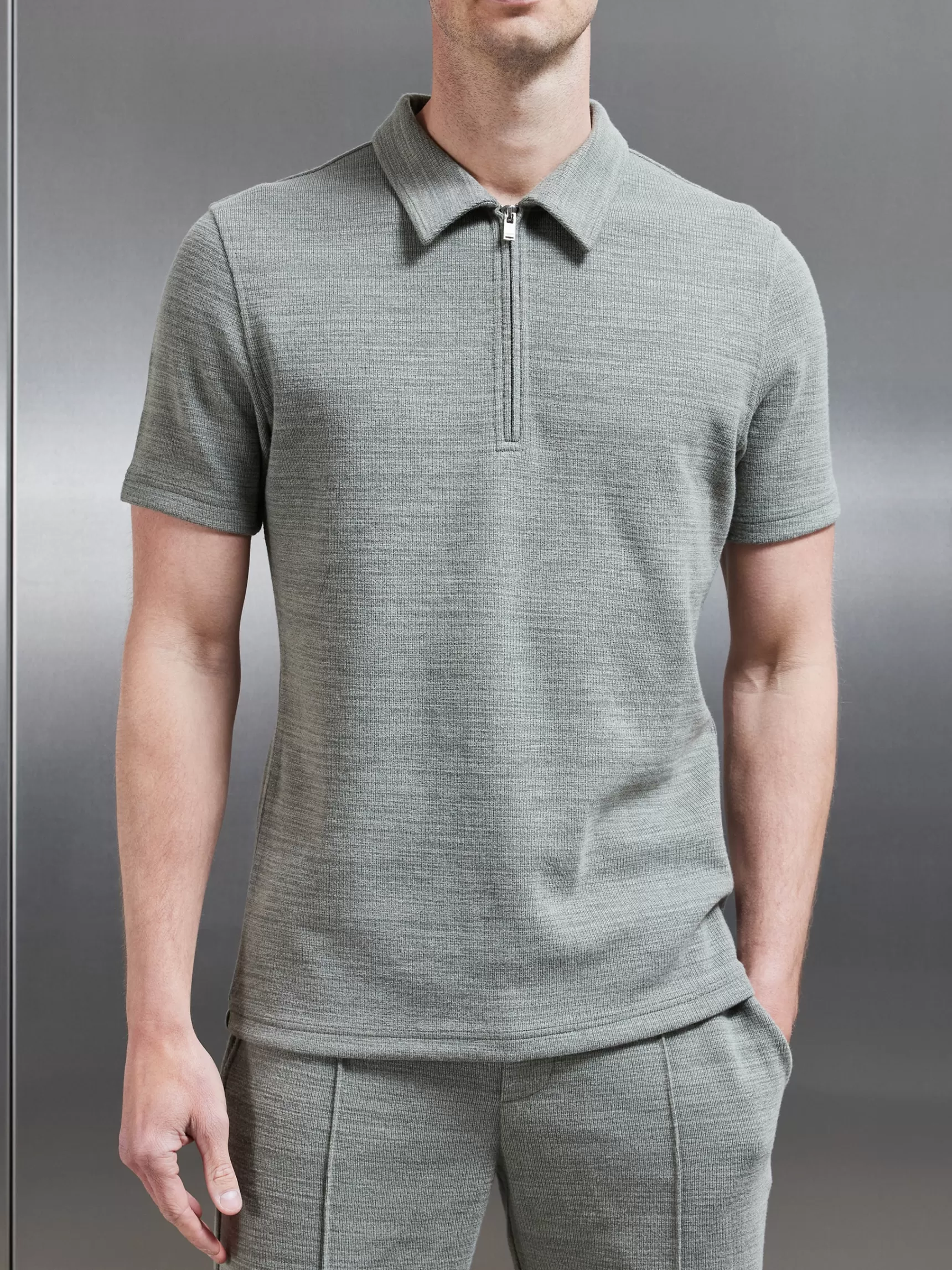 Best Sale ARNE Cavour Textured Zip Polo Shirt - Olive