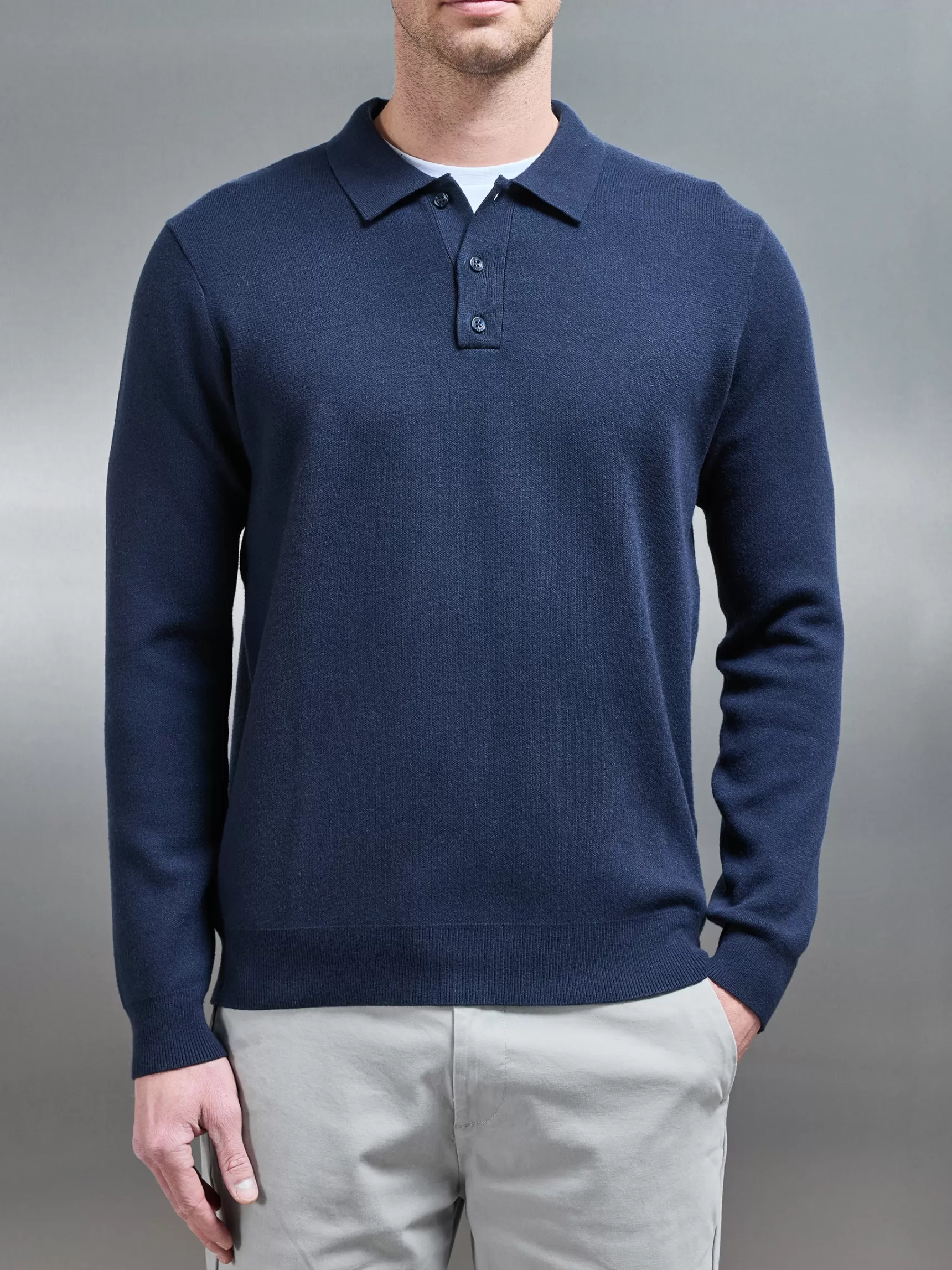 Sale ARNE Chunky Knitted Polo Shirt - Navy