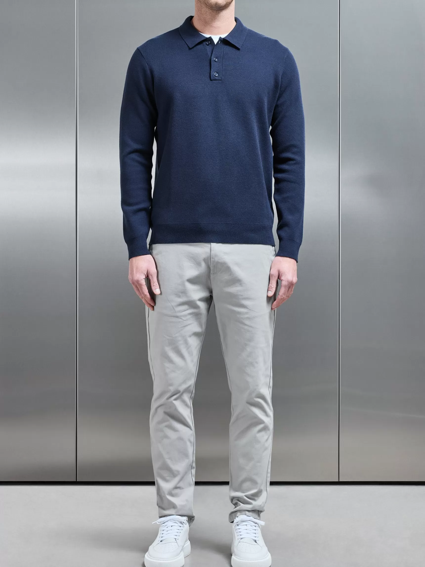 Sale ARNE Chunky Knitted Polo Shirt - Navy