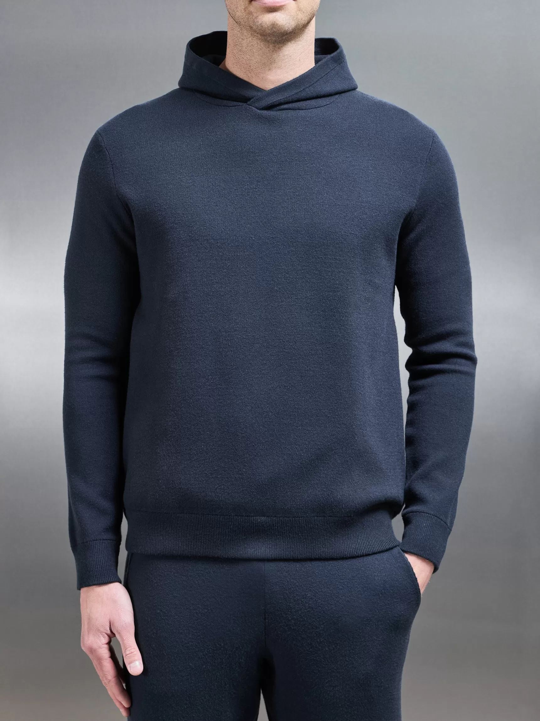 Cheap ARNE Chunky Knitted Pull Over Hoodie - Navy