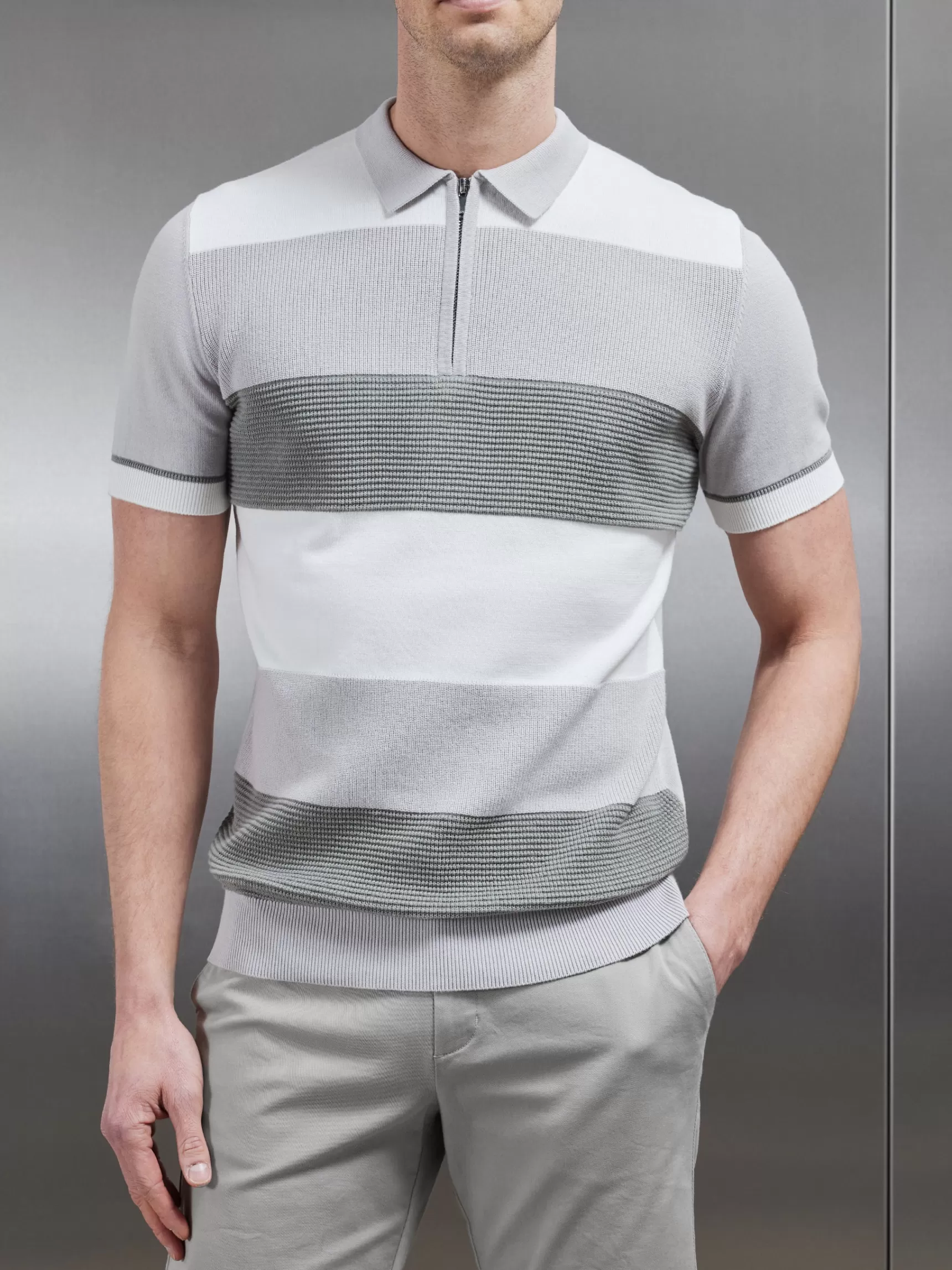 New ARNE Colour Block Knitted Zip Polo Shirt - Sage