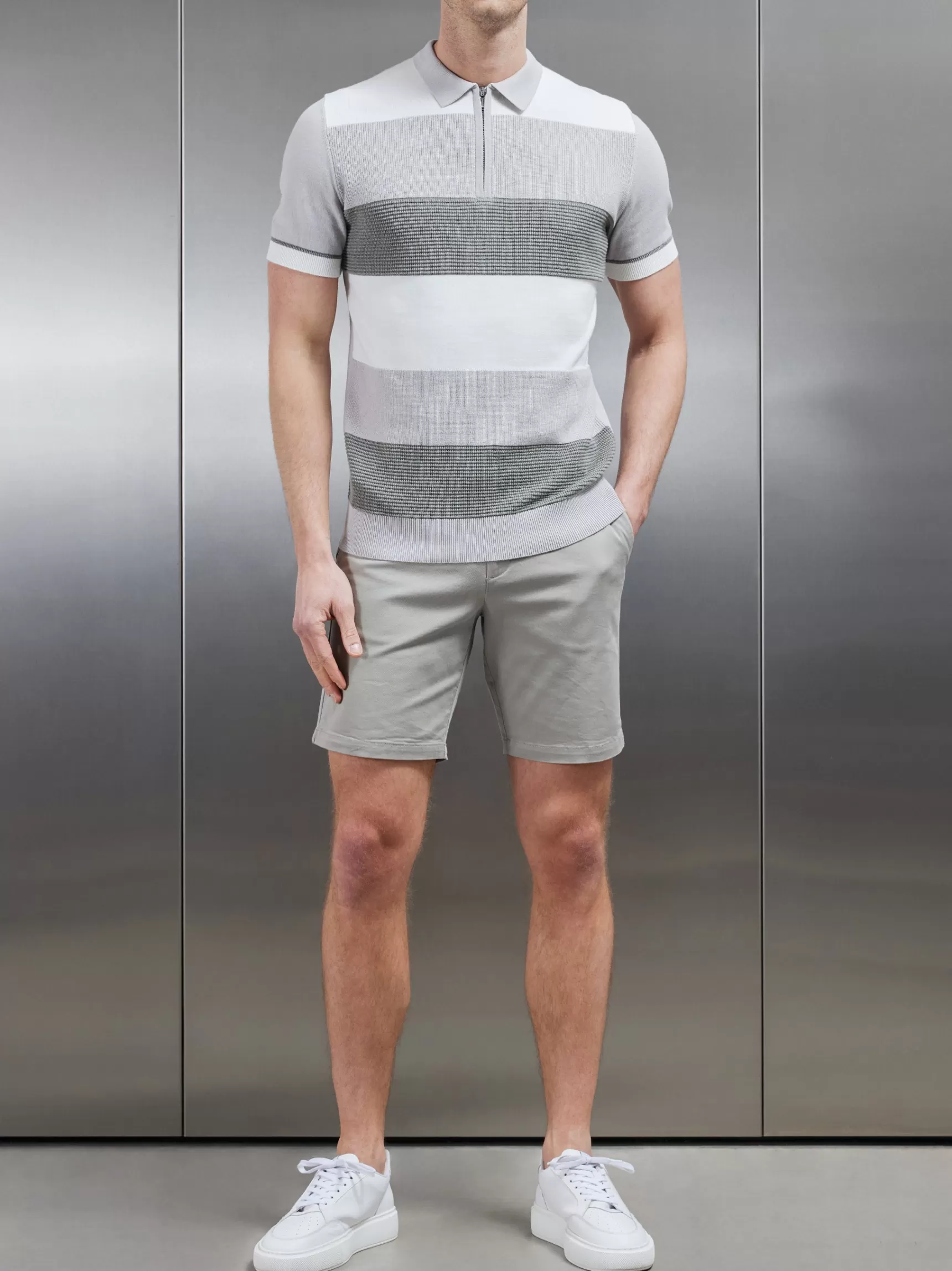 New ARNE Colour Block Knitted Zip Polo Shirt - Sage