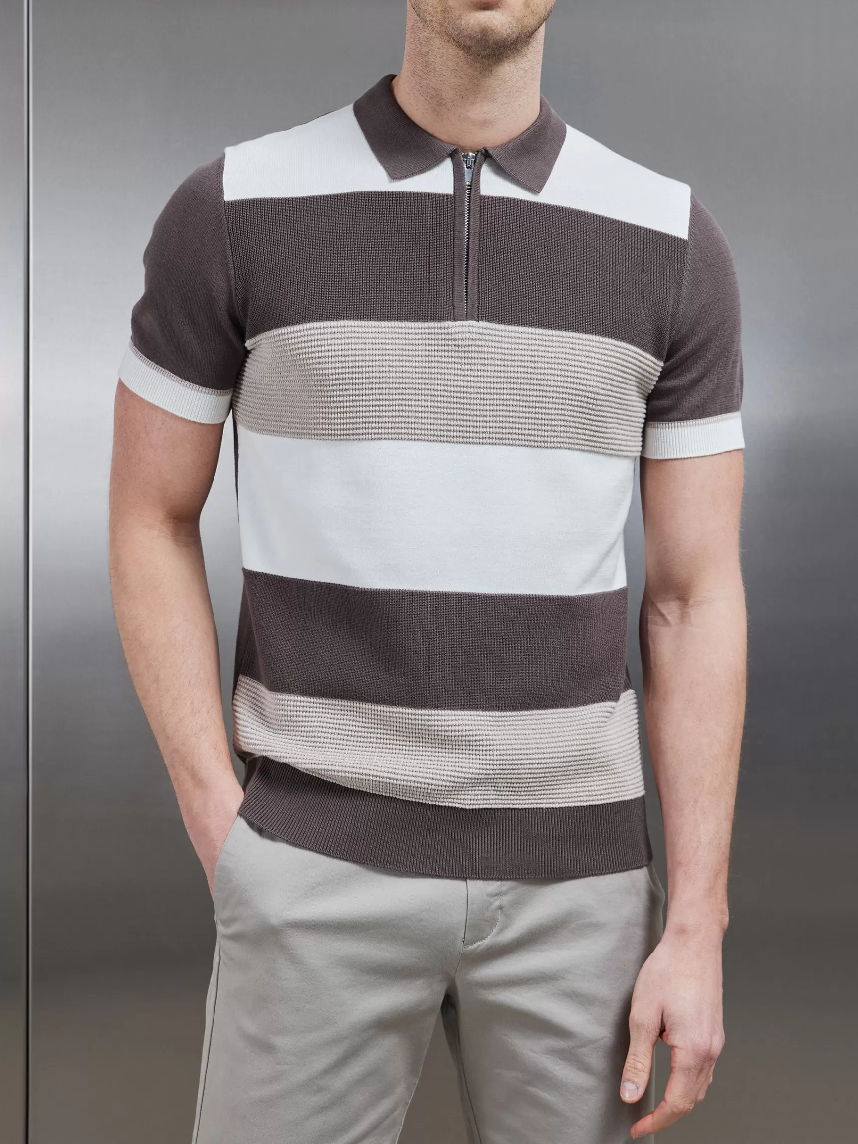 Cheap ARNE Colour Block Knitted Zip Polo Shirt - Taupe