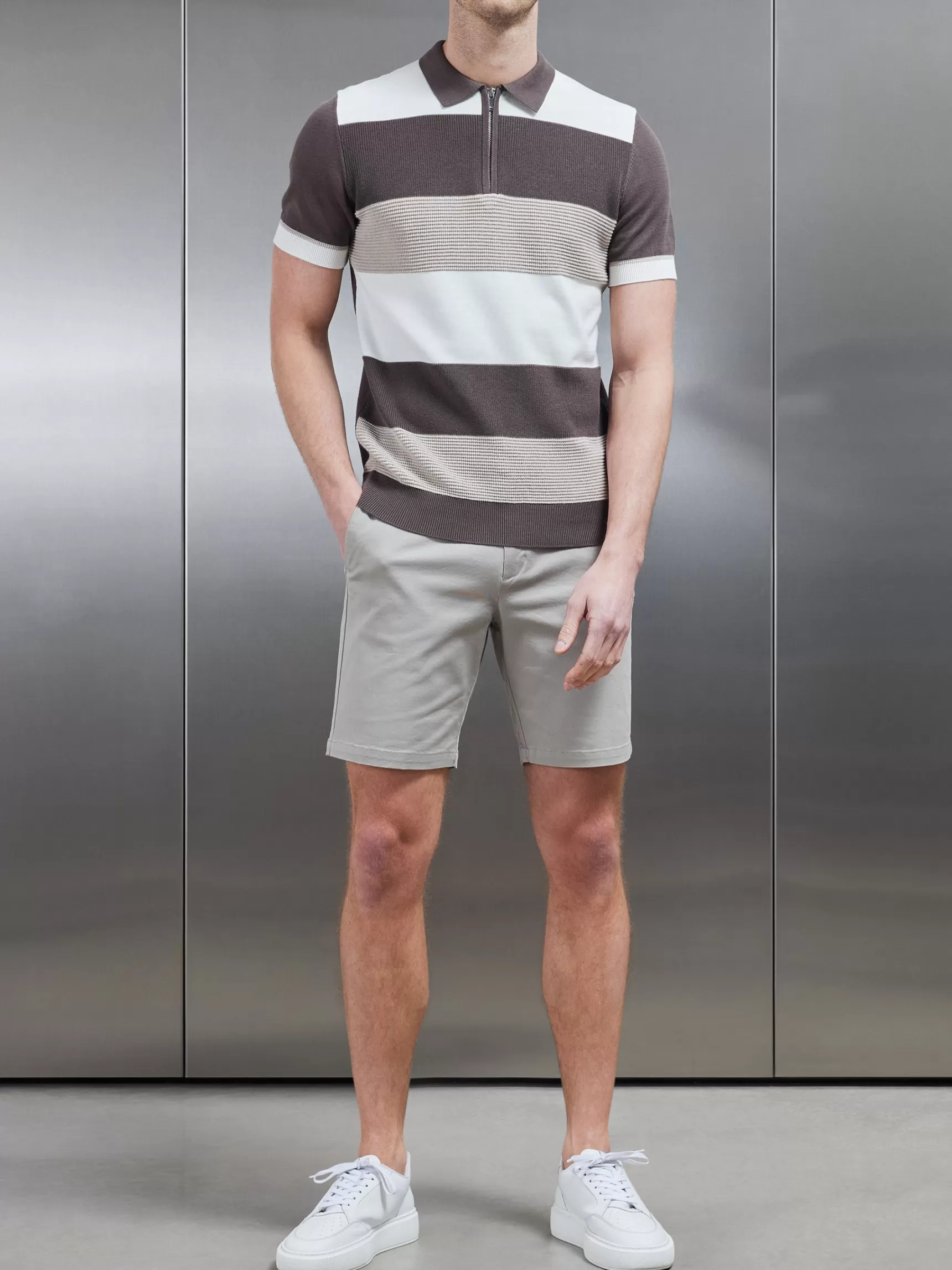 Cheap ARNE Colour Block Knitted Zip Polo Shirt - Taupe