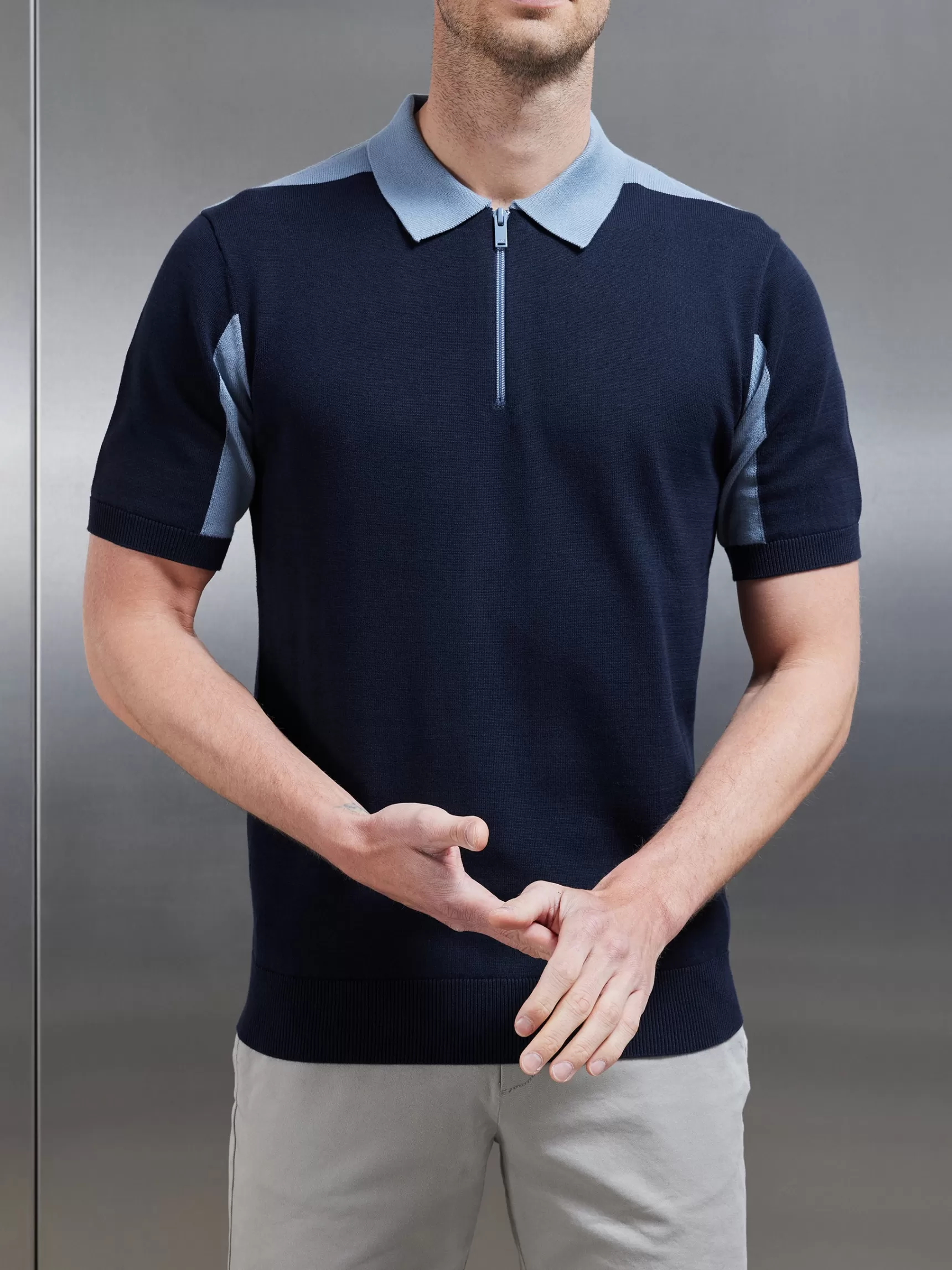 Hot ARNE Colour Block Zip Polo Shirt - Navy