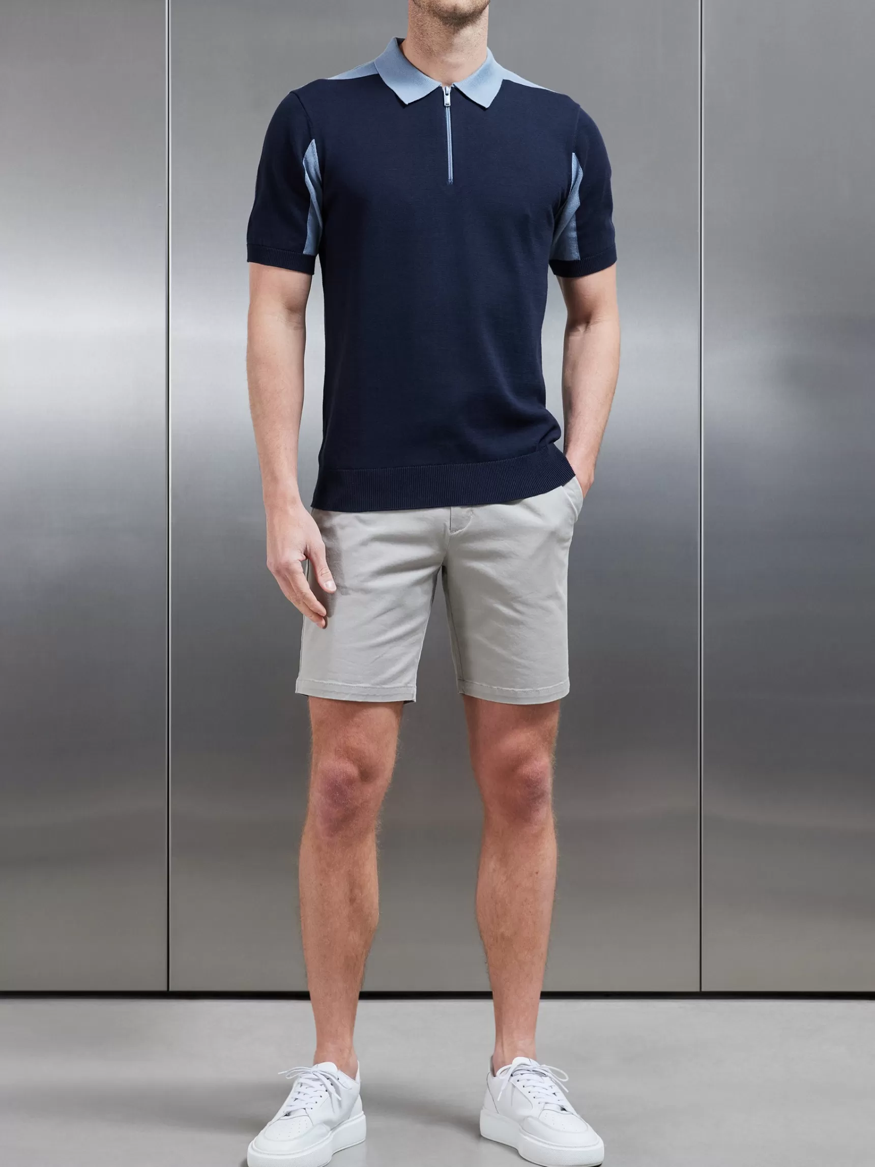 Hot ARNE Colour Block Zip Polo Shirt - Navy