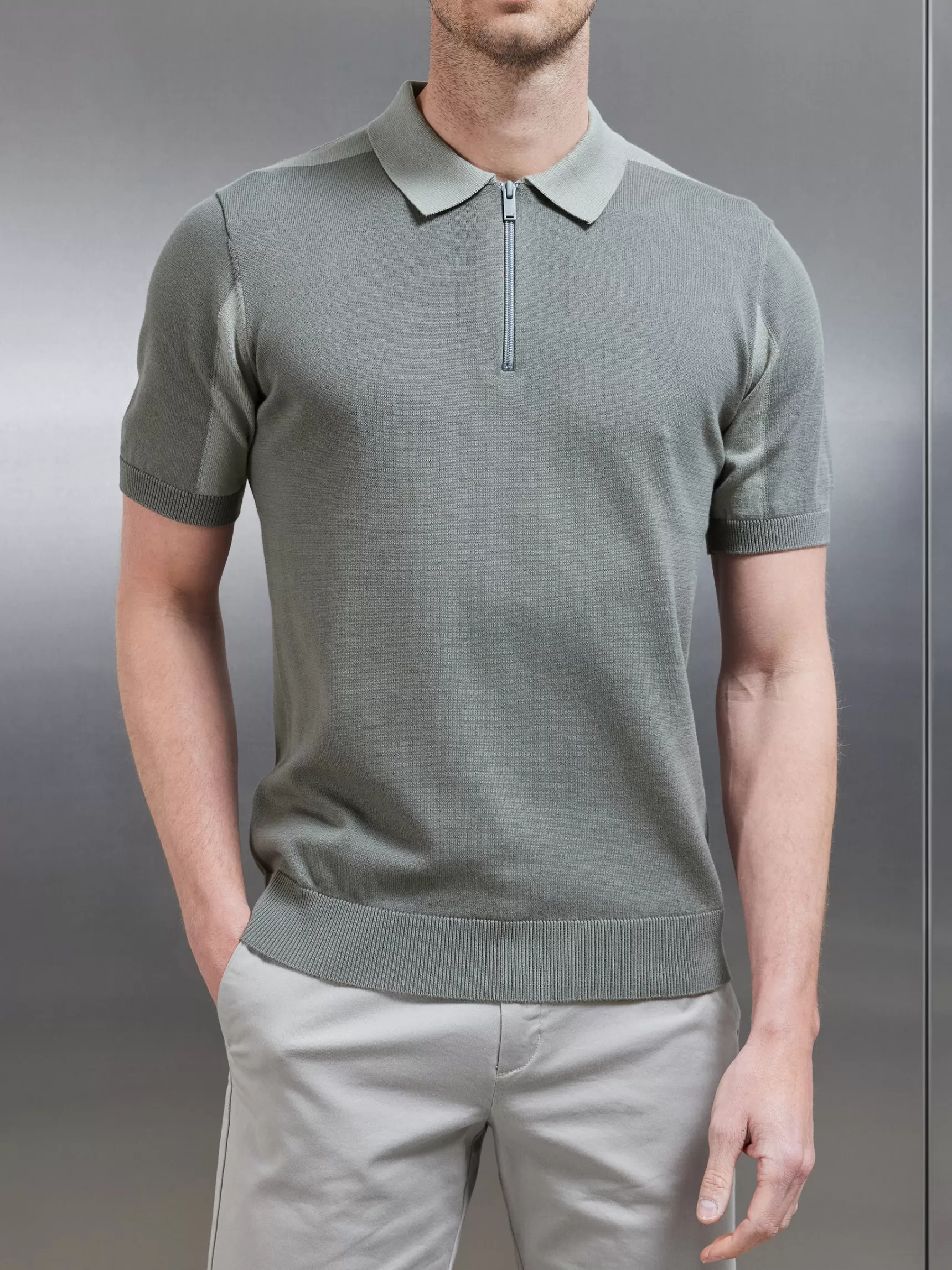 Online ARNE Colour Block Zip Polo Shirt - Sage