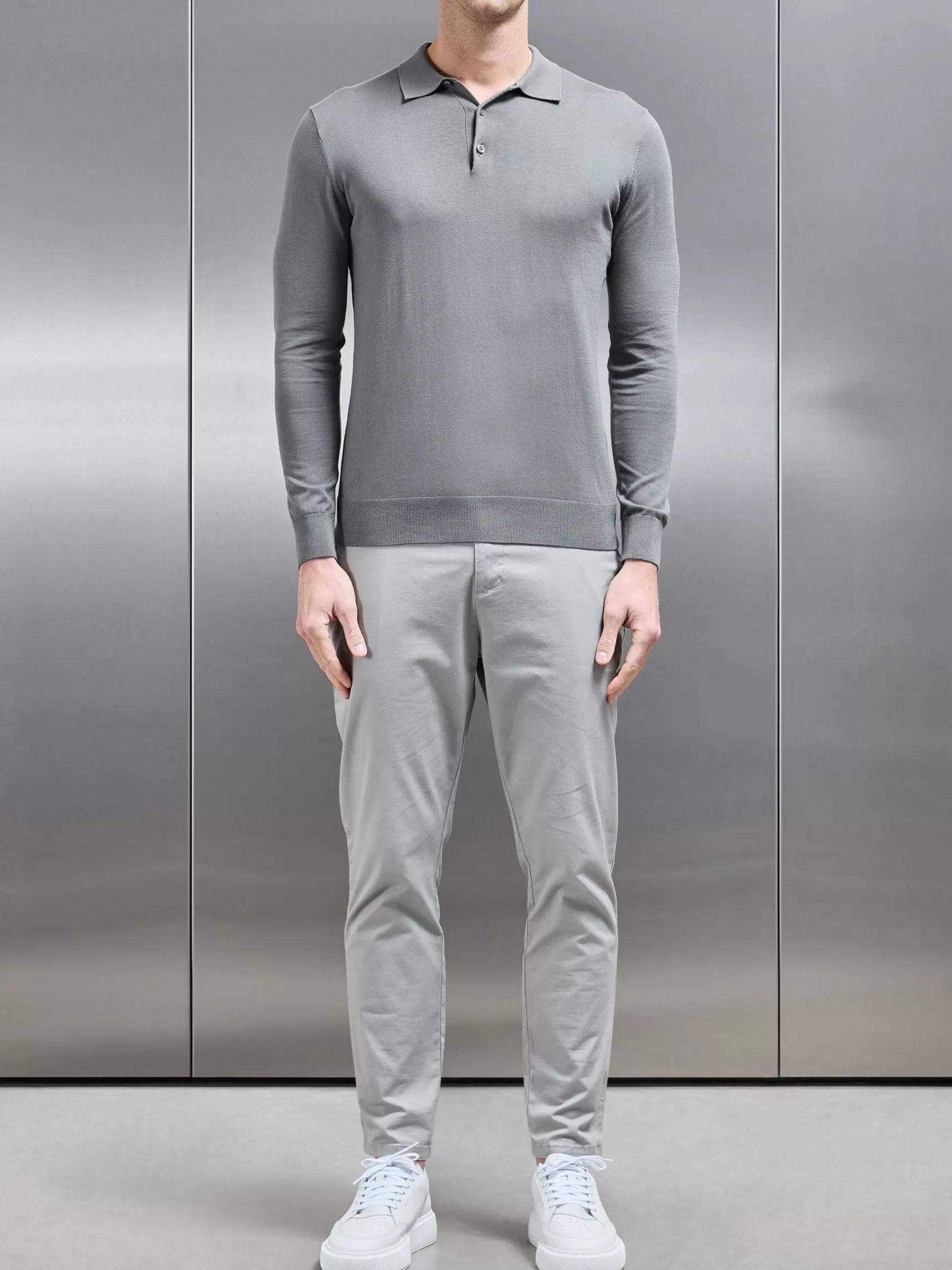 Sale ARNE Cotton & Silk Long Sleeve Button Polo Shirt - Sage