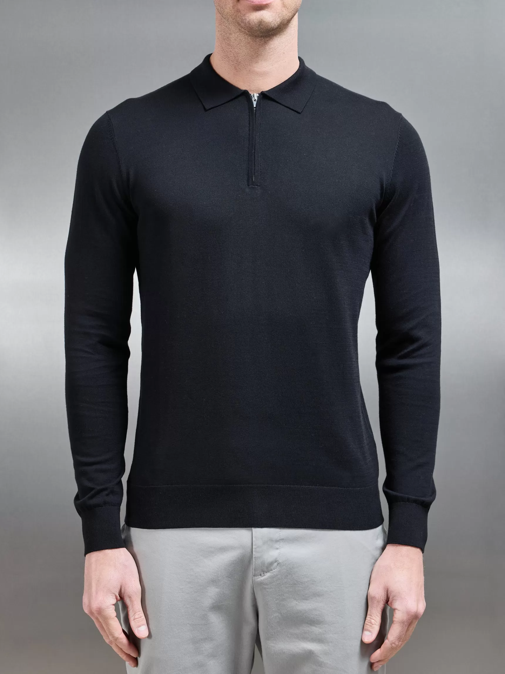 Shop ARNE Cotton & Silk Long Sleeve Zip Polo Shirt - Black