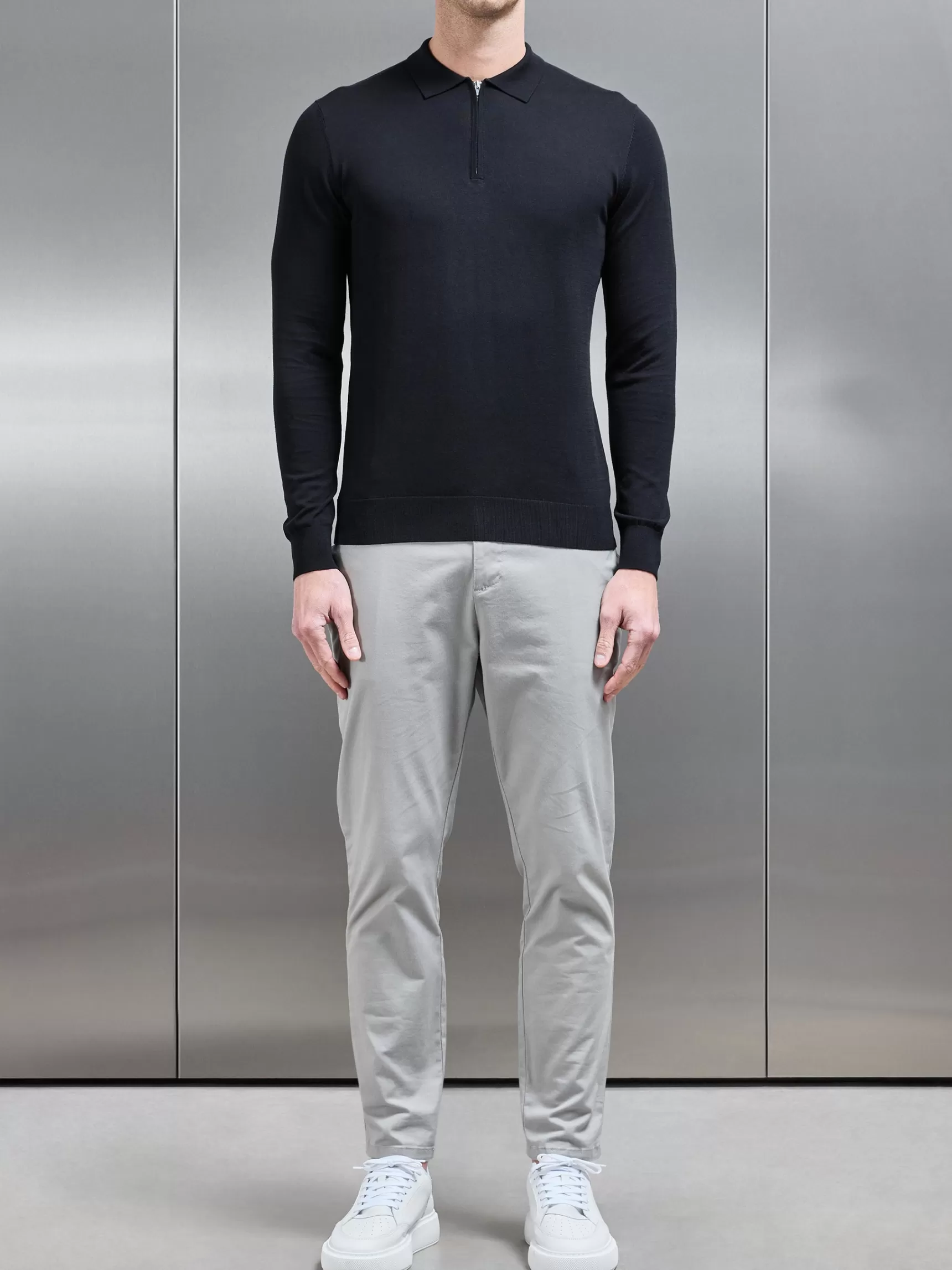 Shop ARNE Cotton & Silk Long Sleeve Zip Polo Shirt - Black