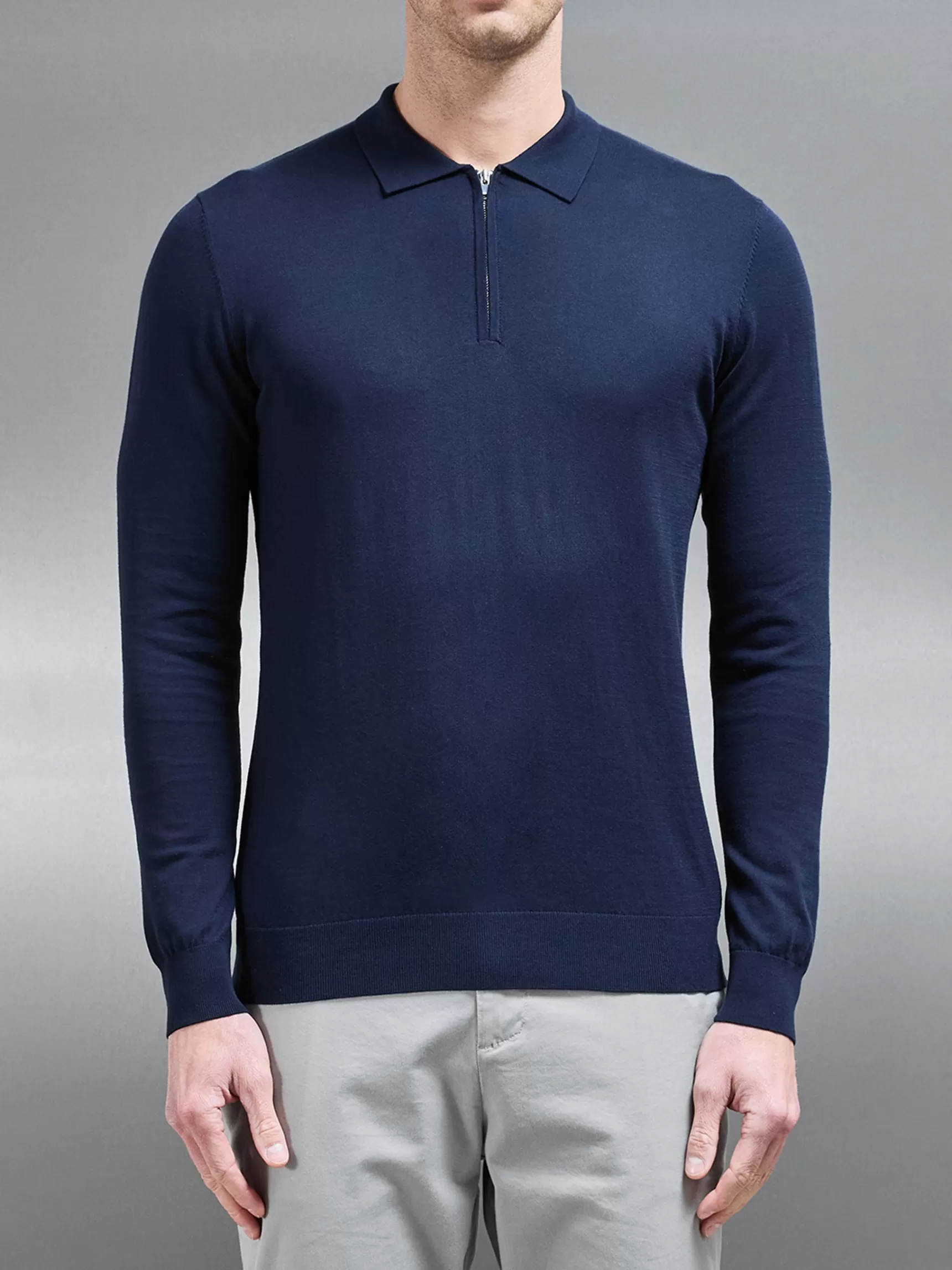 Cheap ARNE Cotton & Silk Long Sleeve Zip Polo Shirt - Navy