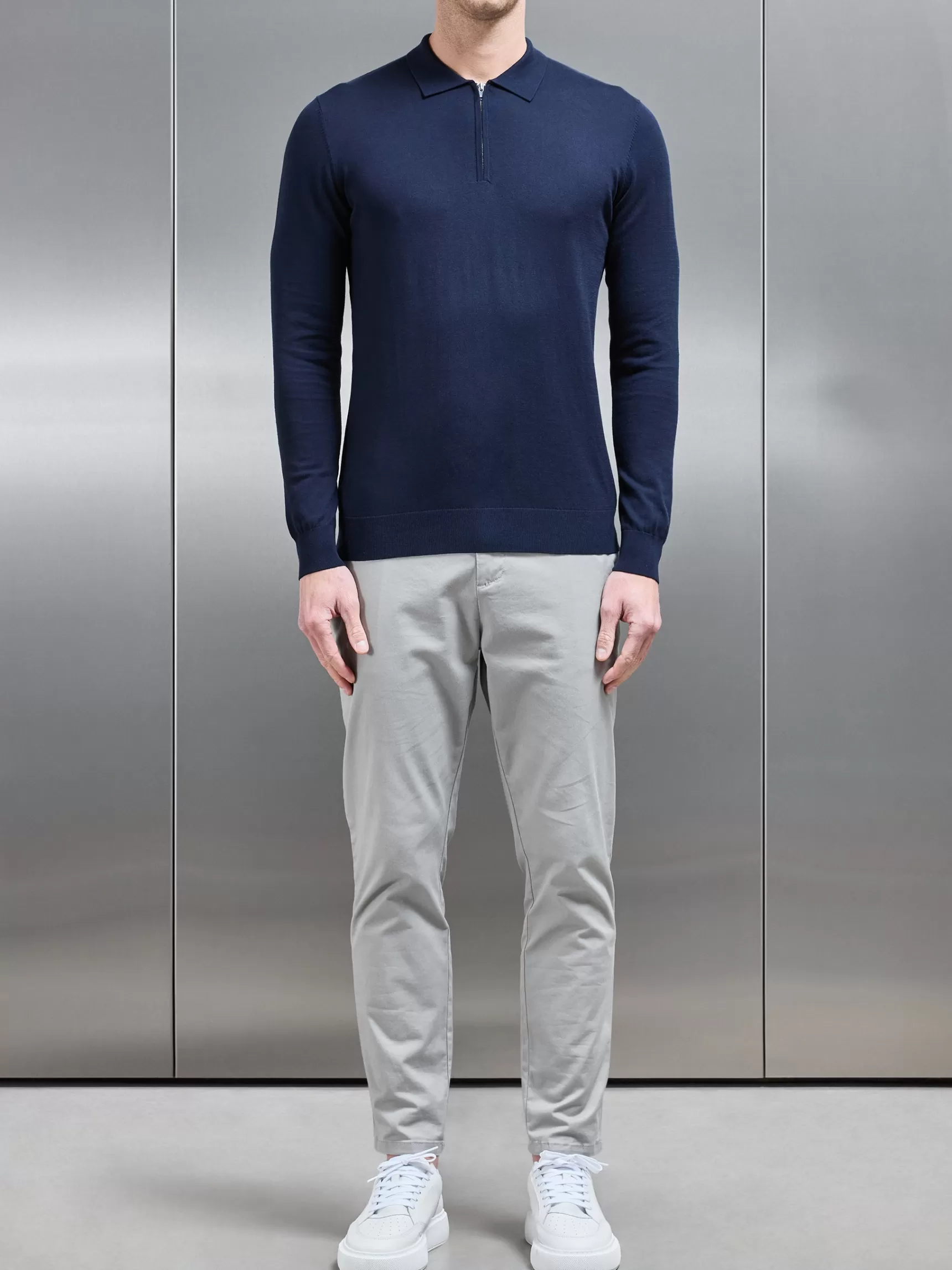 Cheap ARNE Cotton & Silk Long Sleeve Zip Polo Shirt - Navy