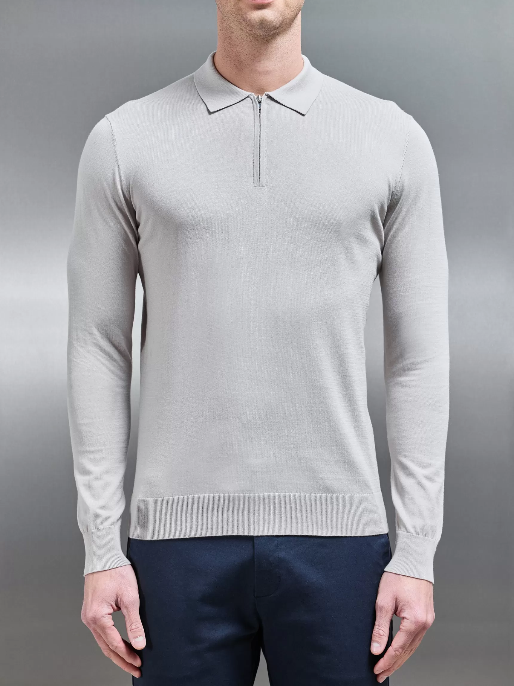 Store ARNE Cotton & Silk Long Sleeve Zip Polo Shirt - Stone