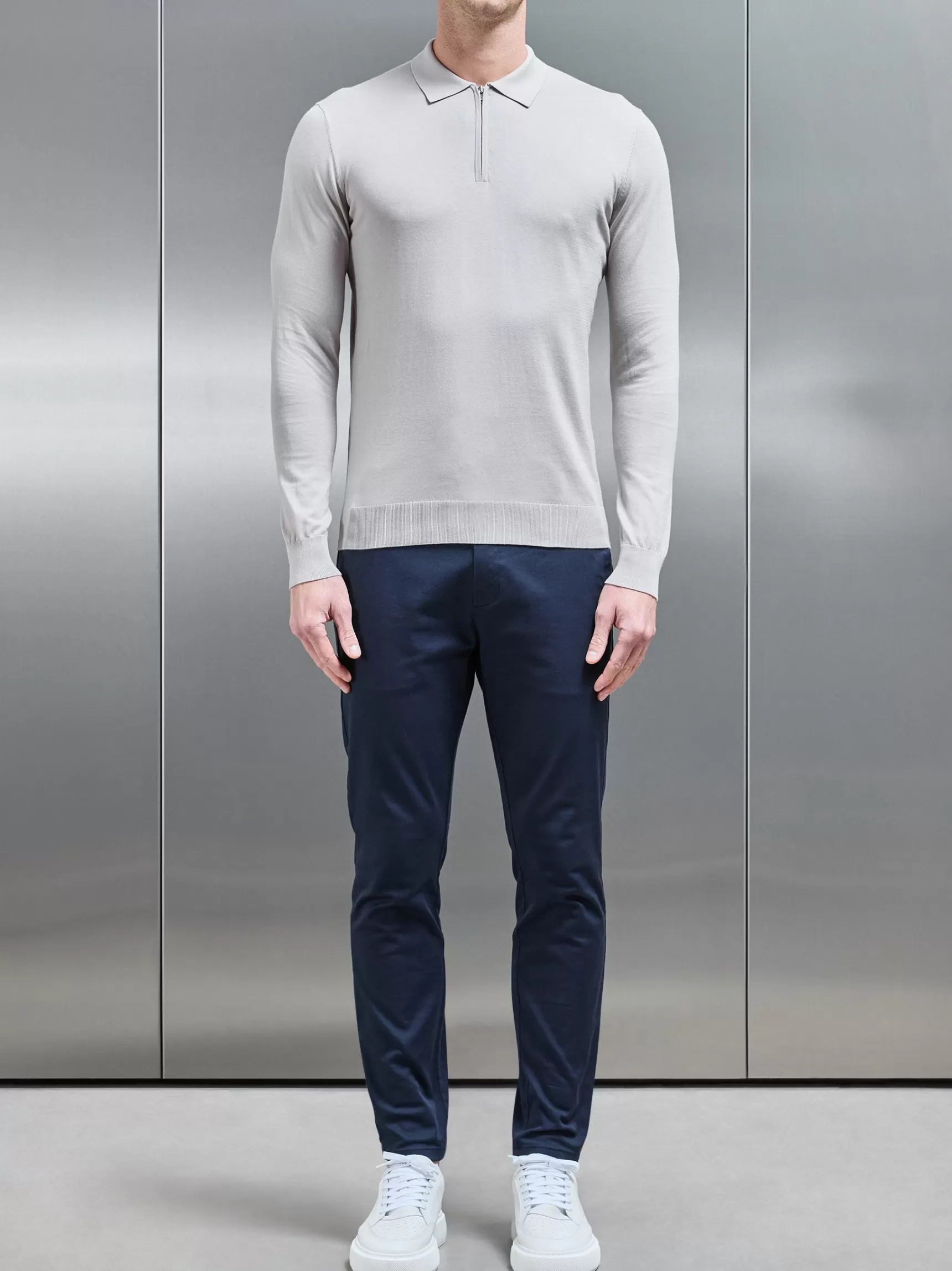 Store ARNE Cotton & Silk Long Sleeve Zip Polo Shirt - Stone