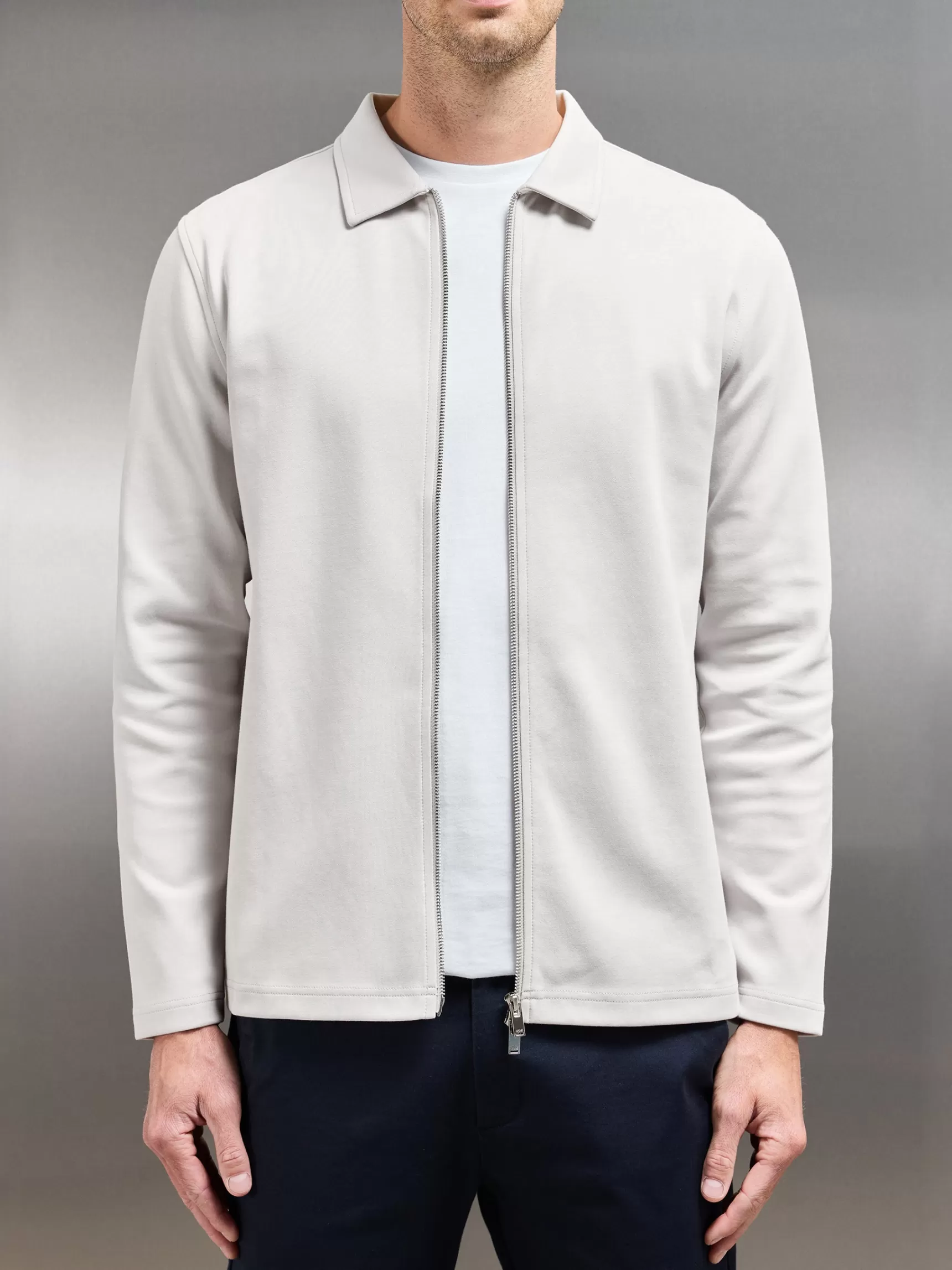 Store ARNE Cotton Jersey Zip Through Overshirt - Mid Grey MidGrey