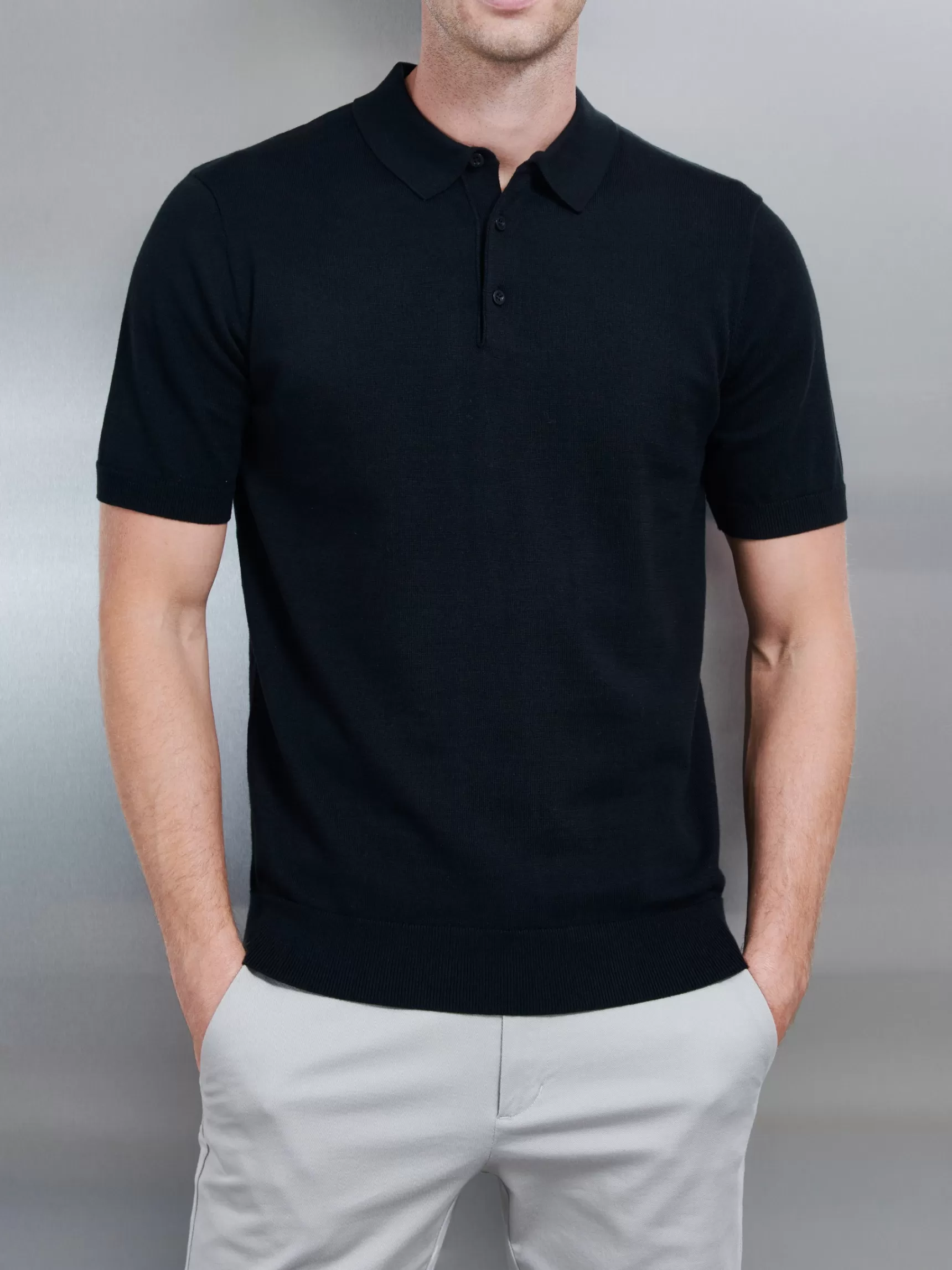 Store ARNE Cotton Knitted Button Polo Shirt - Black