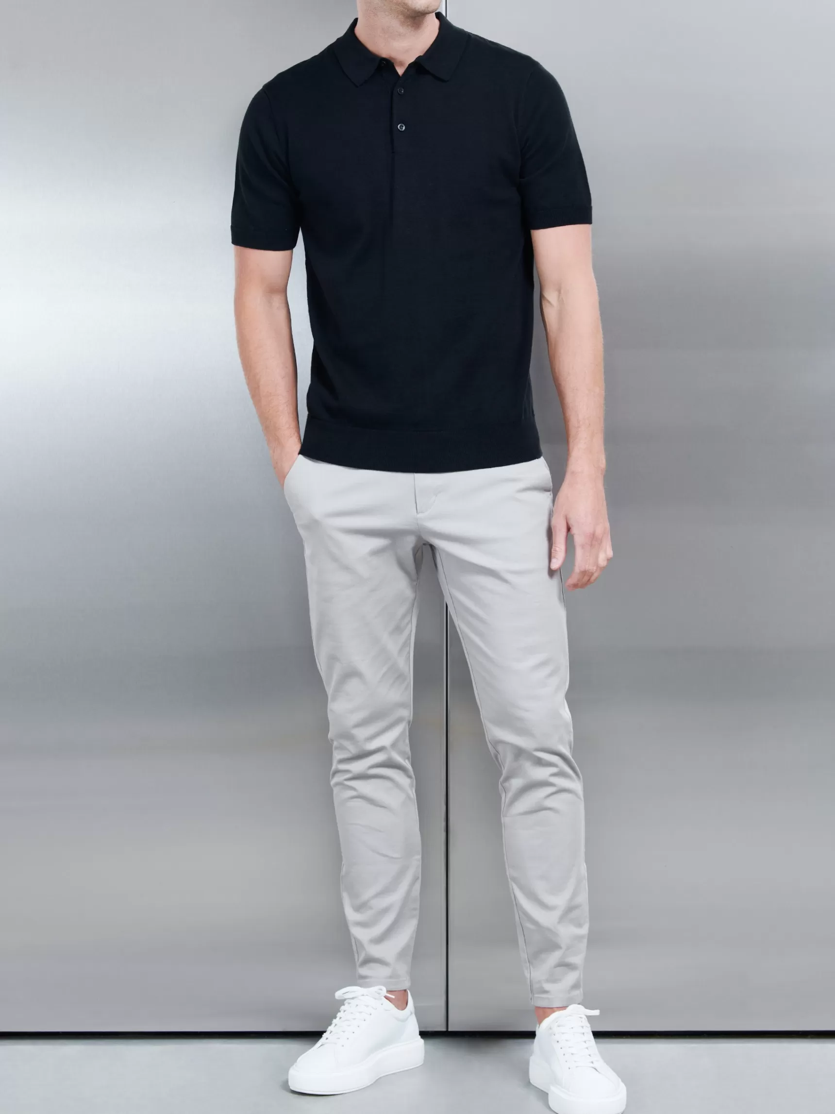 Store ARNE Cotton Knitted Button Polo Shirt - Black