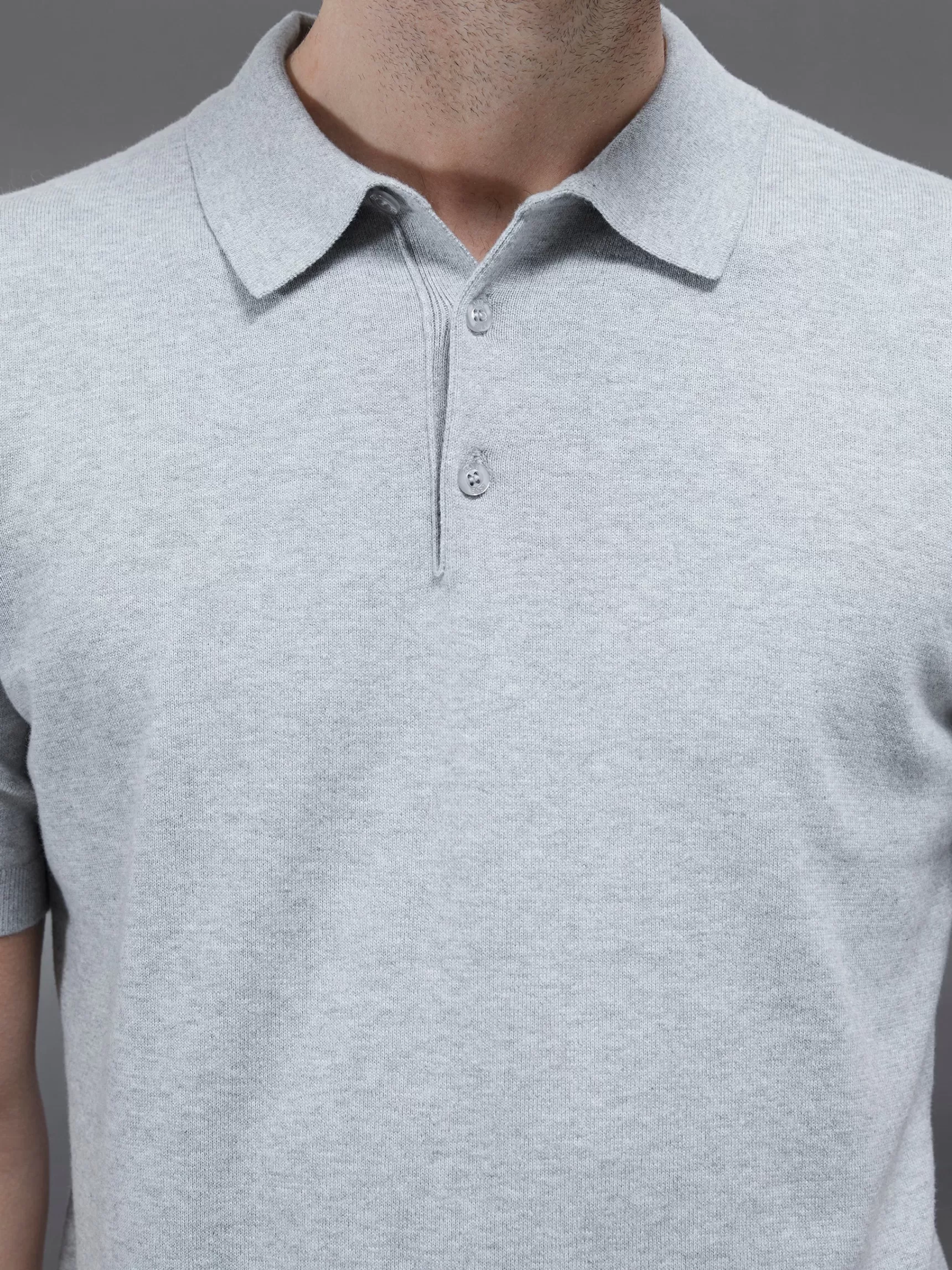 Sale ARNE Cotton Knitted Button Polo Shirt - Marl Grey MarlGrey