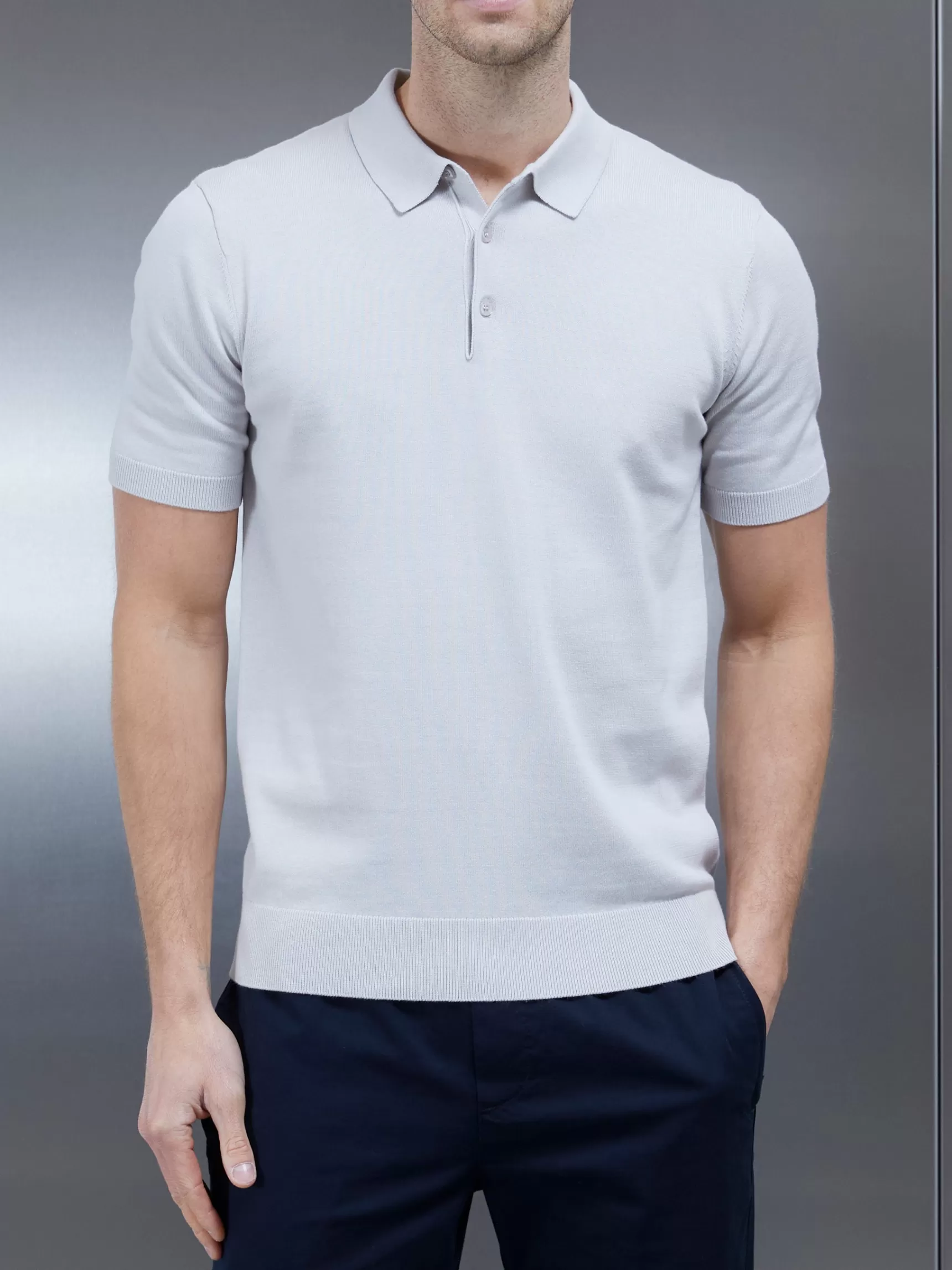 Cheap ARNE Cotton Knitted Button Polo Shirt - Mid Grey MidGrey