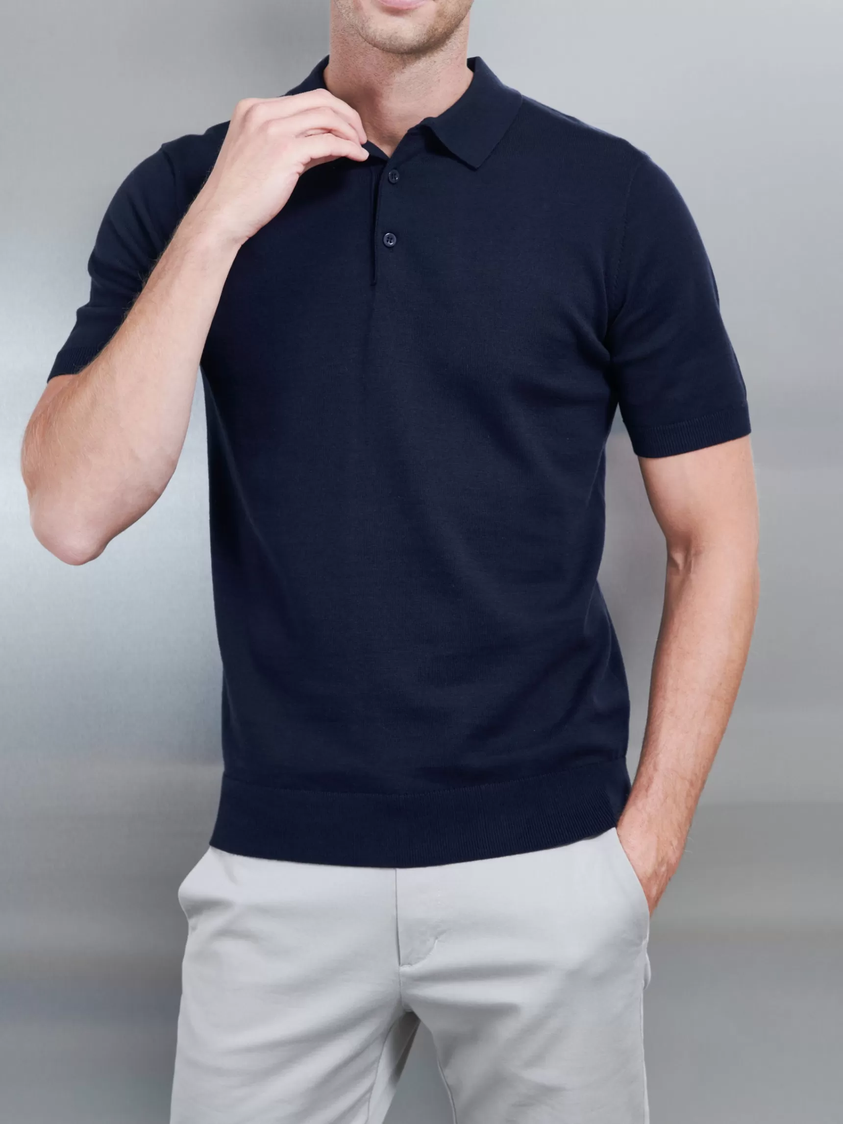 Best Sale ARNE Cotton Knitted Button Polo Shirt - Navy