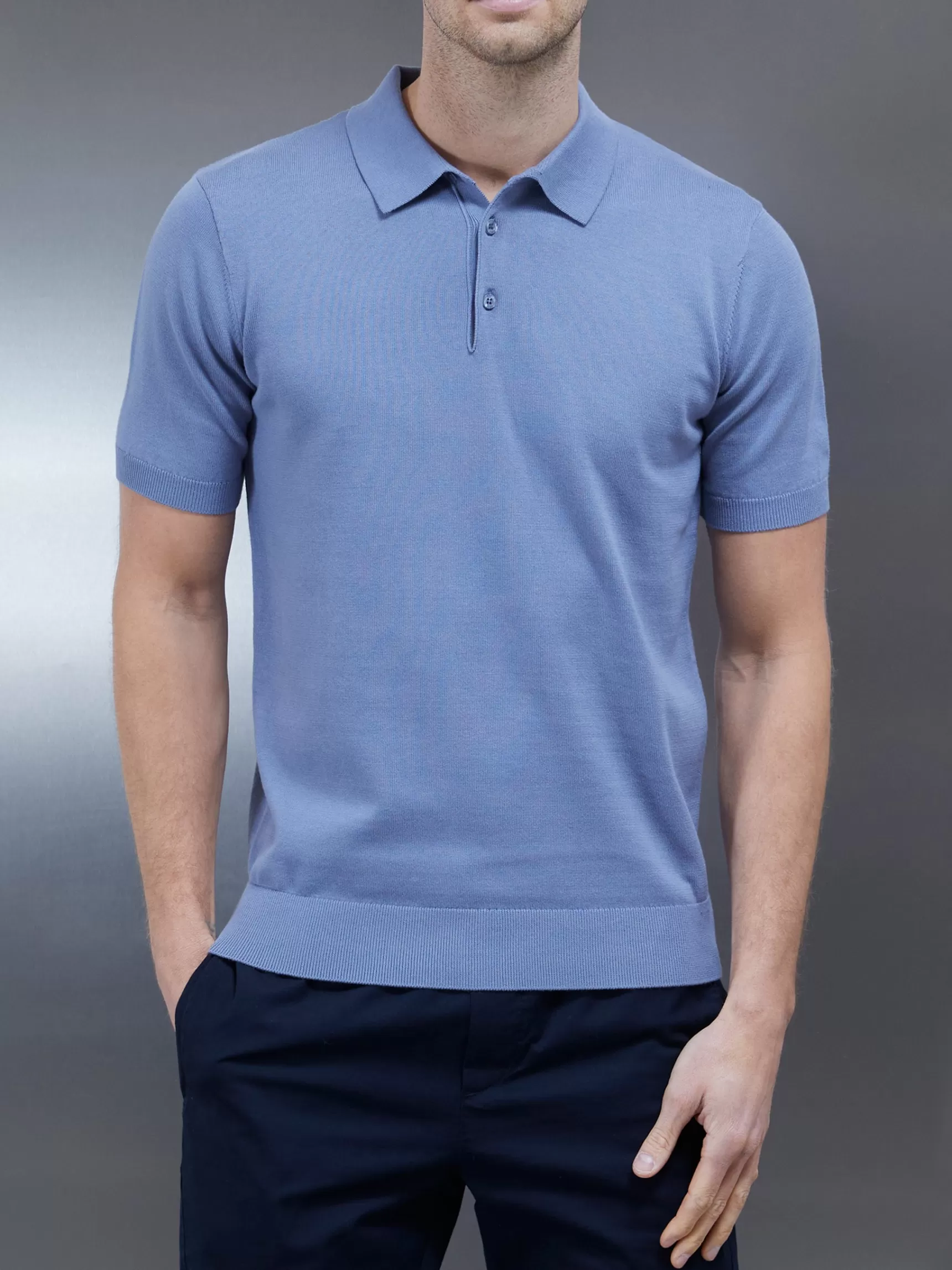 Hot ARNE Cotton Knitted Button Polo Shirt - Silk Blue SilkBlue