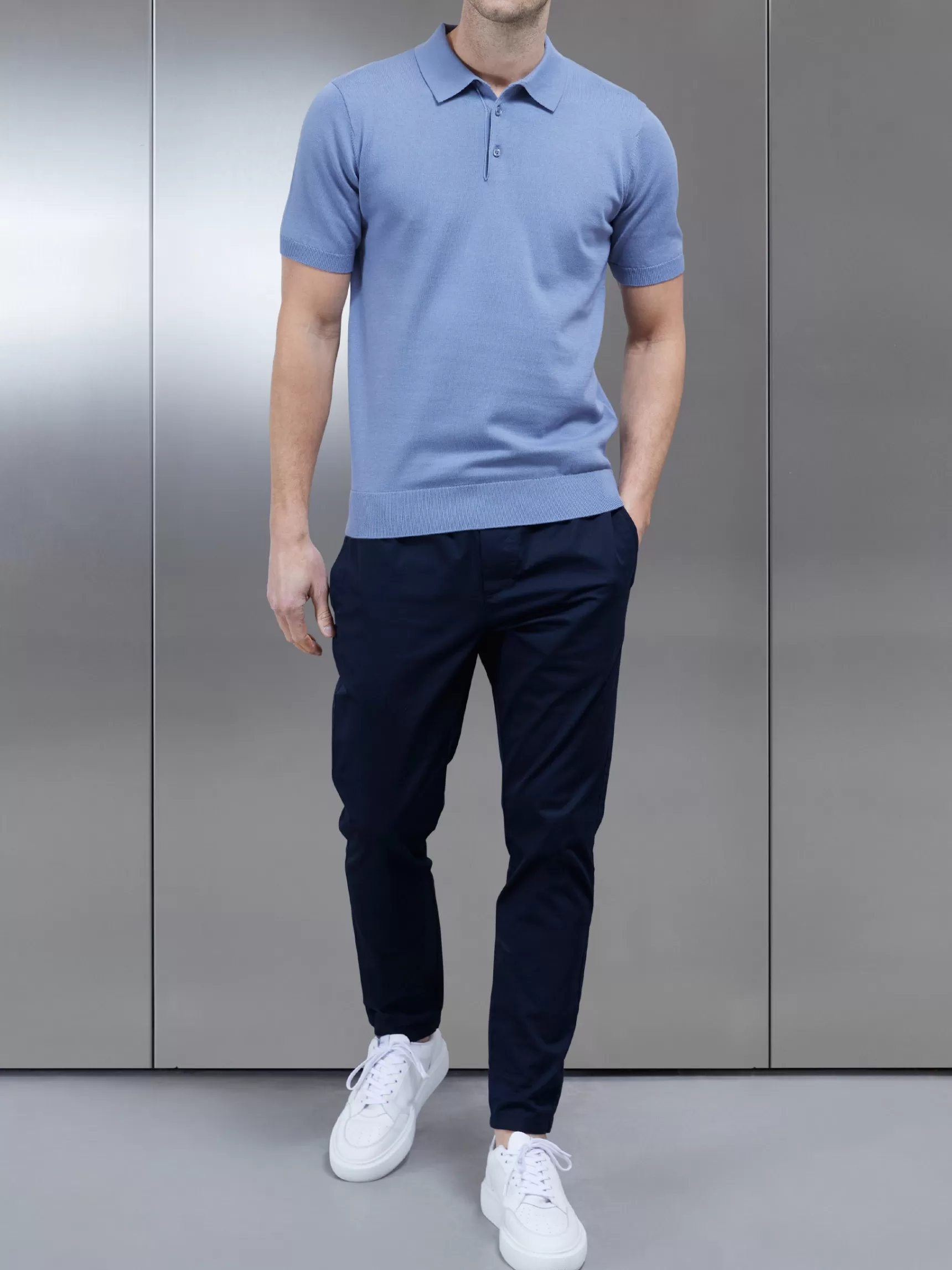 Hot ARNE Cotton Knitted Button Polo Shirt - Silk Blue SilkBlue