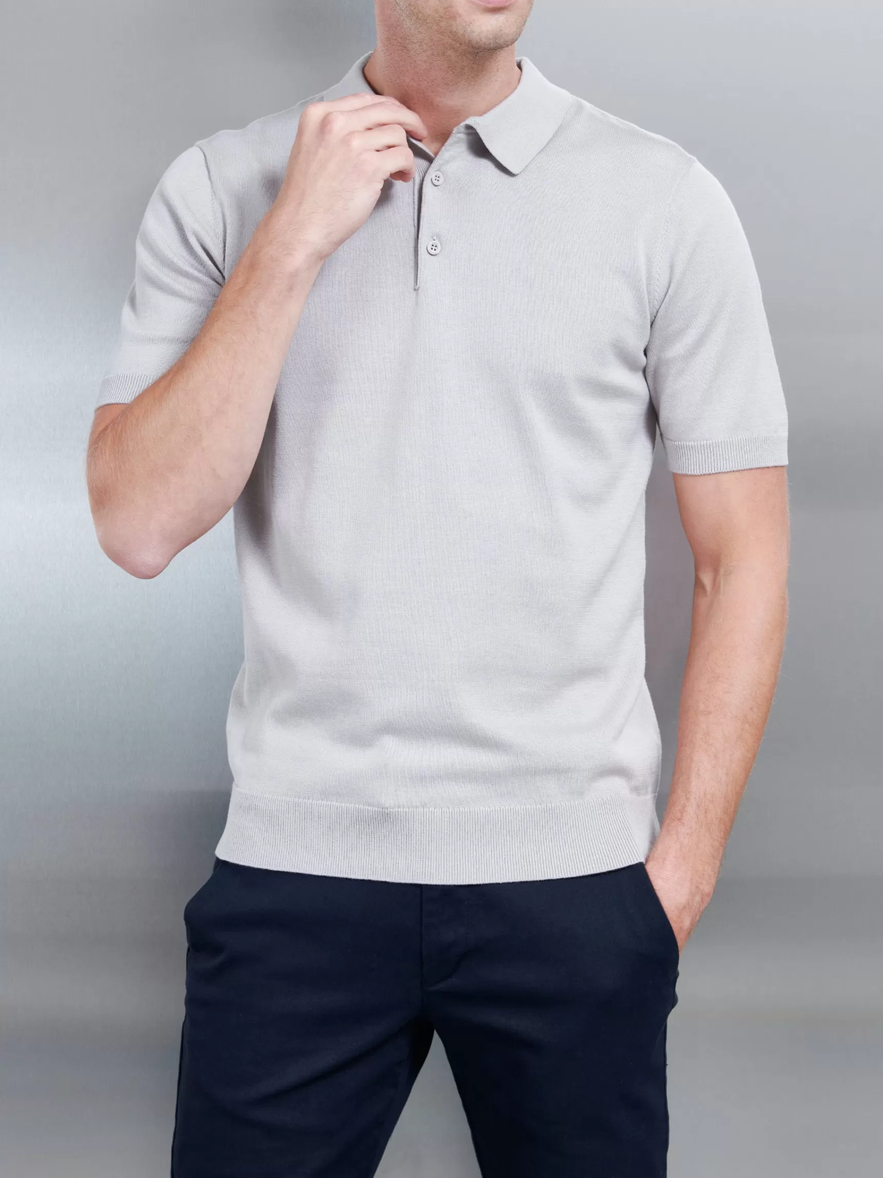 Clearance ARNE Cotton Knitted Button Polo Shirt - Stone