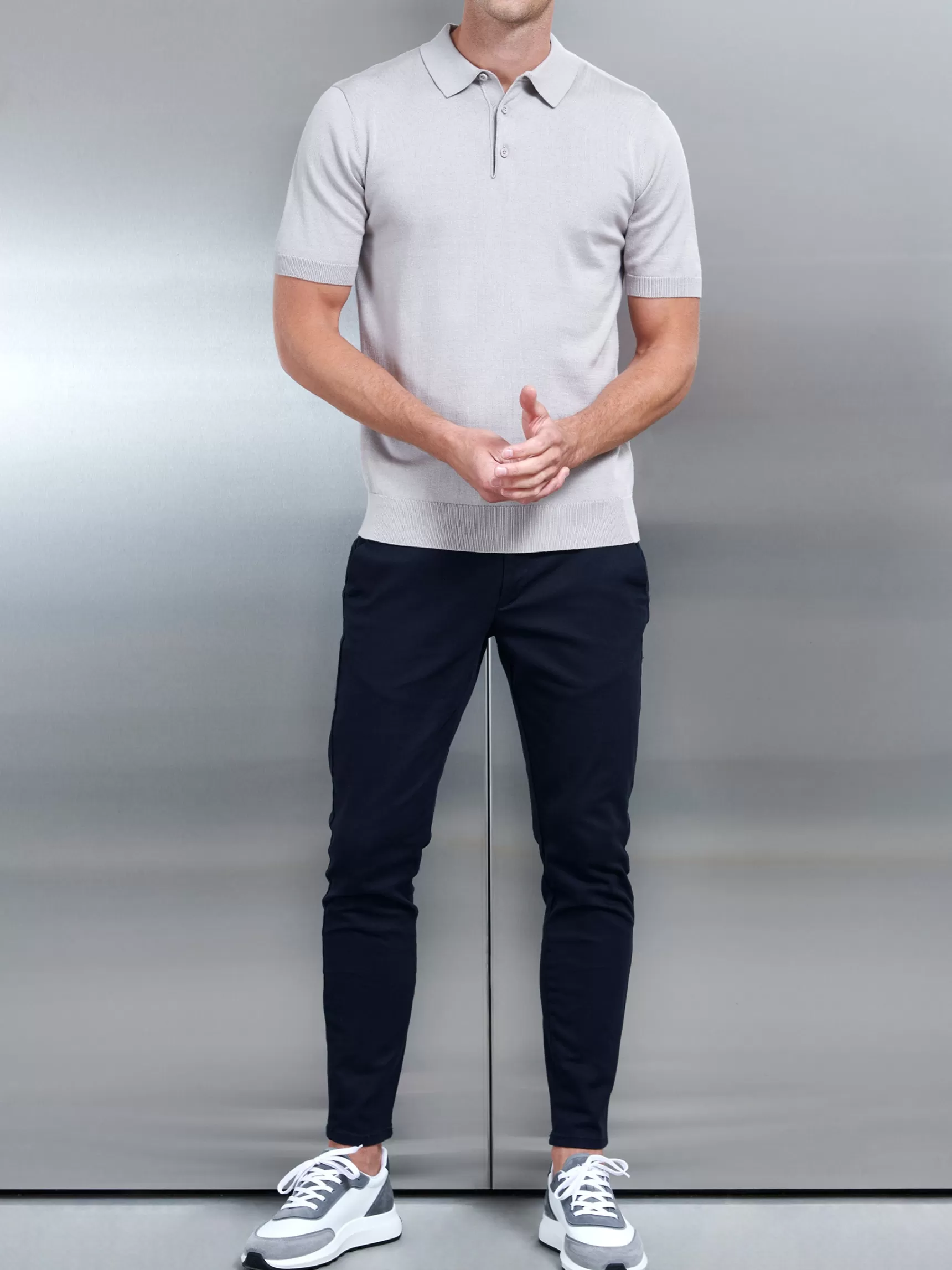 Clearance ARNE Cotton Knitted Button Polo Shirt - Stone