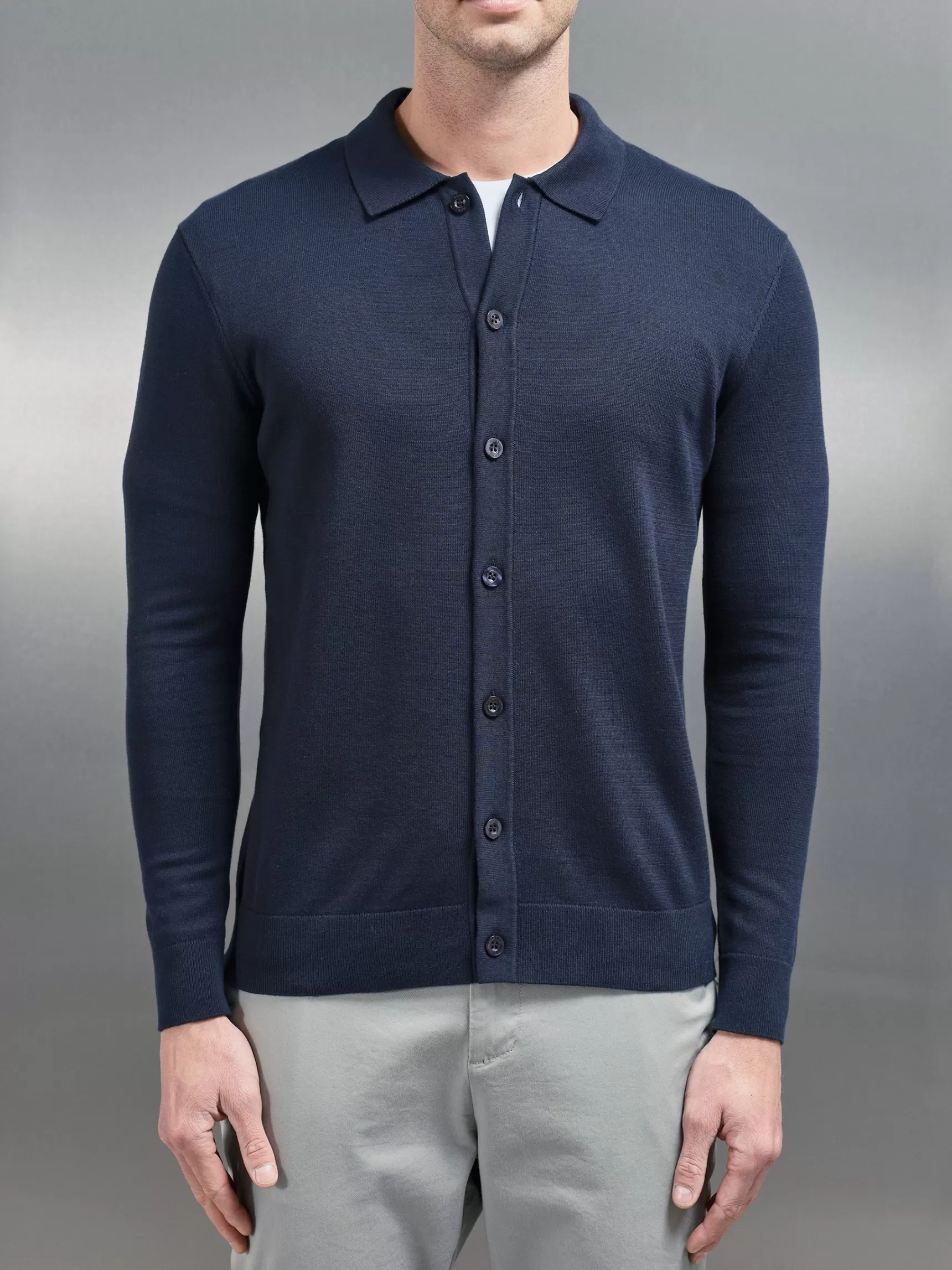 Discount ARNE Cotton Knitted Button Through Shirt - Navy