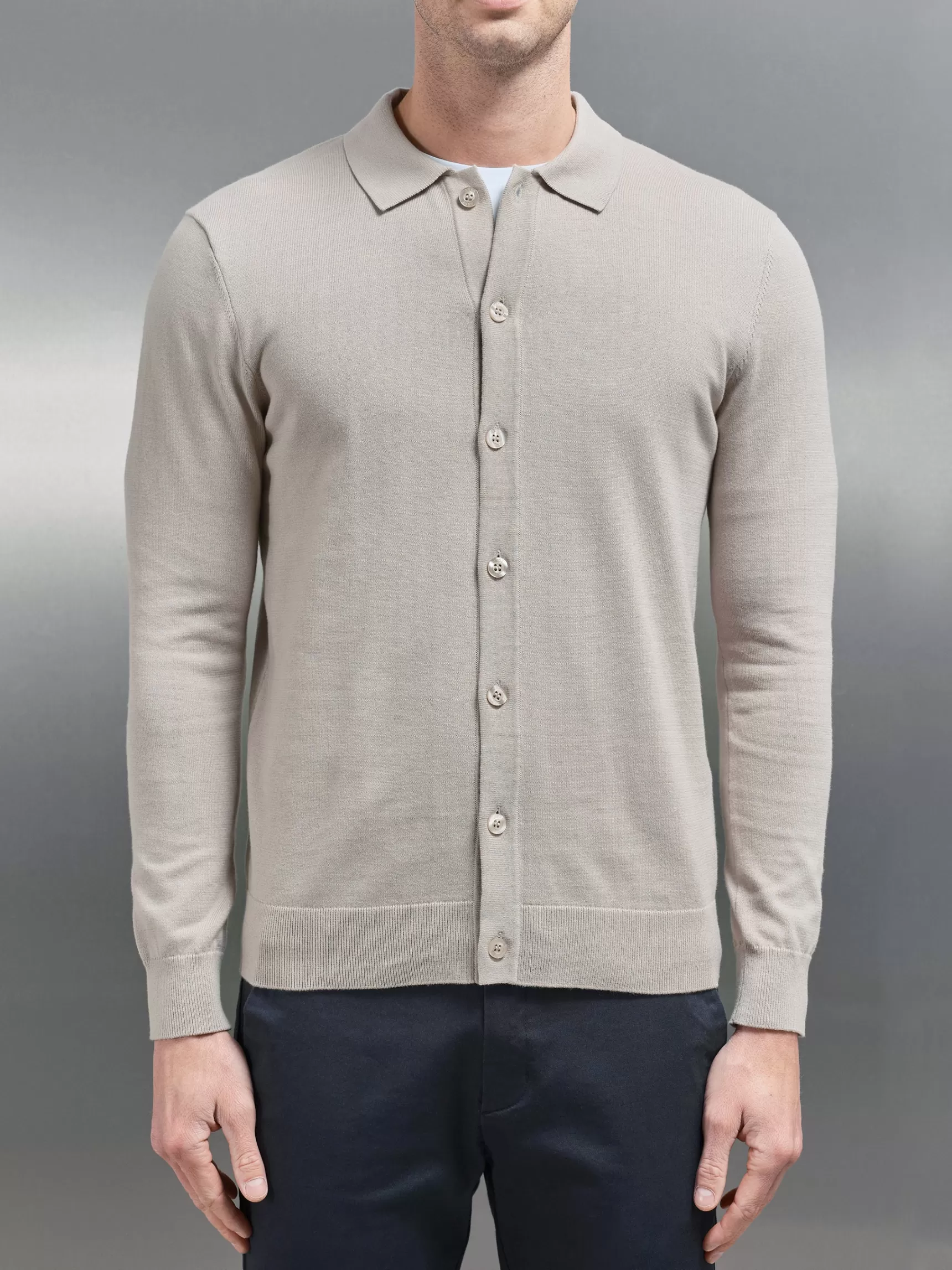 Cheap ARNE Cotton Knitted Button Through Shirt - Stone