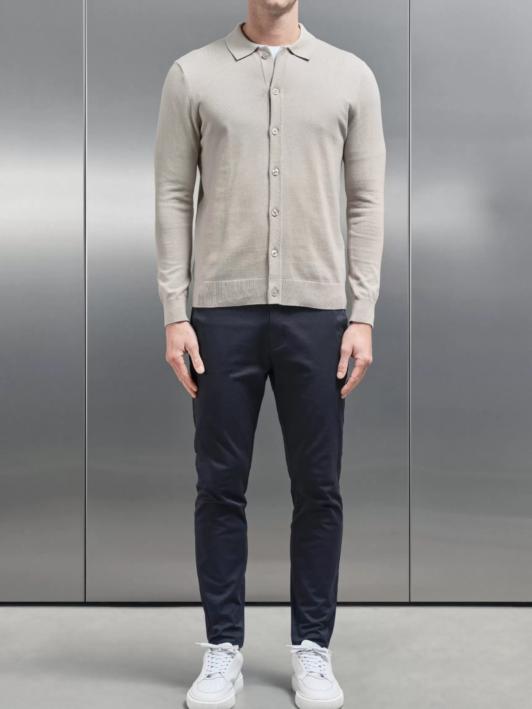 Cheap ARNE Cotton Knitted Button Through Shirt - Stone