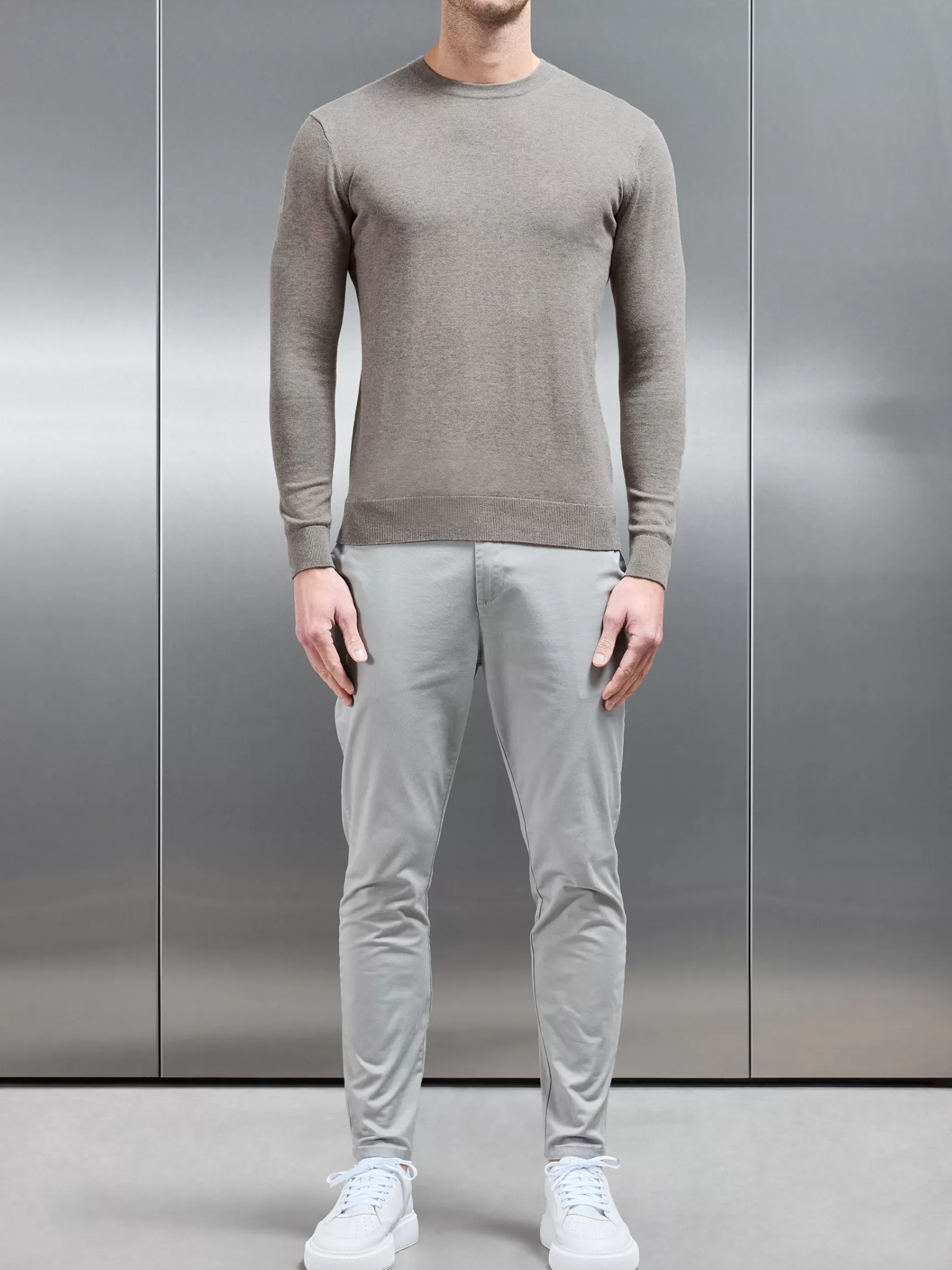 Clearance ARNE Cotton Knitted Crew Neck Sweatshirt - Taupe Marl TaupeMarl