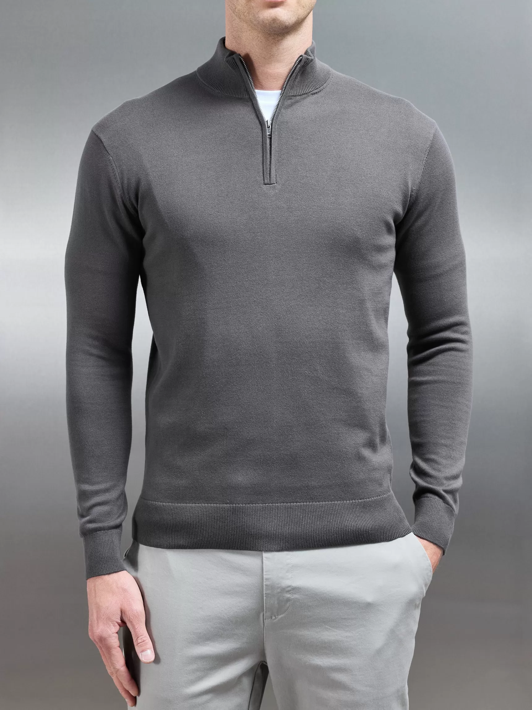 New ARNE Cotton Knitted Half Zip Funnel Neck Jumper - Charcoal