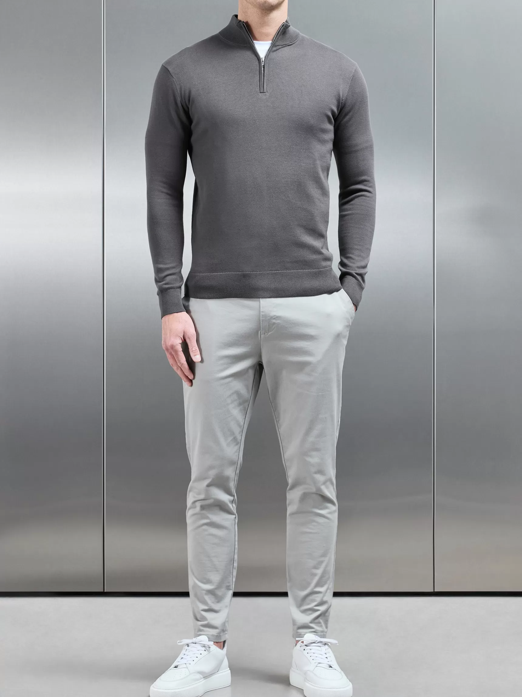 New ARNE Cotton Knitted Half Zip Funnel Neck Jumper - Charcoal