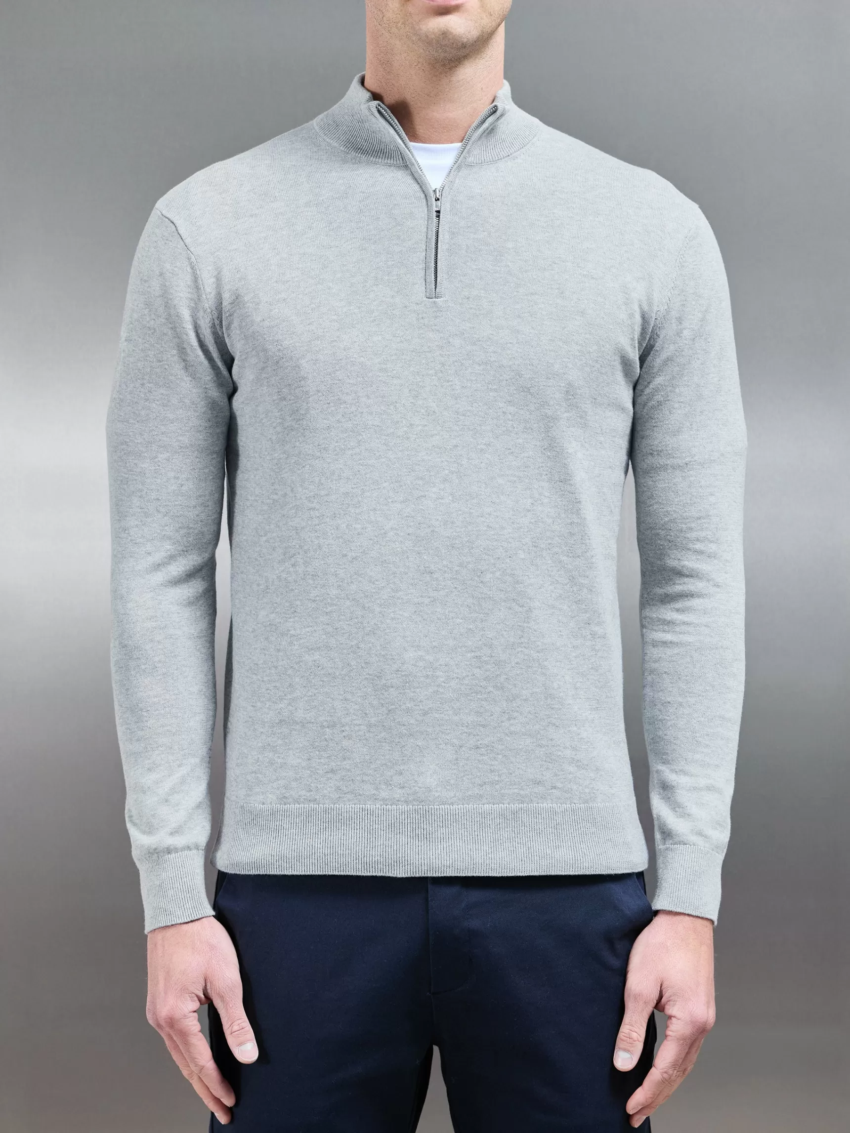 Best Sale ARNE Cotton Knitted Half Zip Funnel Neck Jumper - Marl Grey MarlGrey
