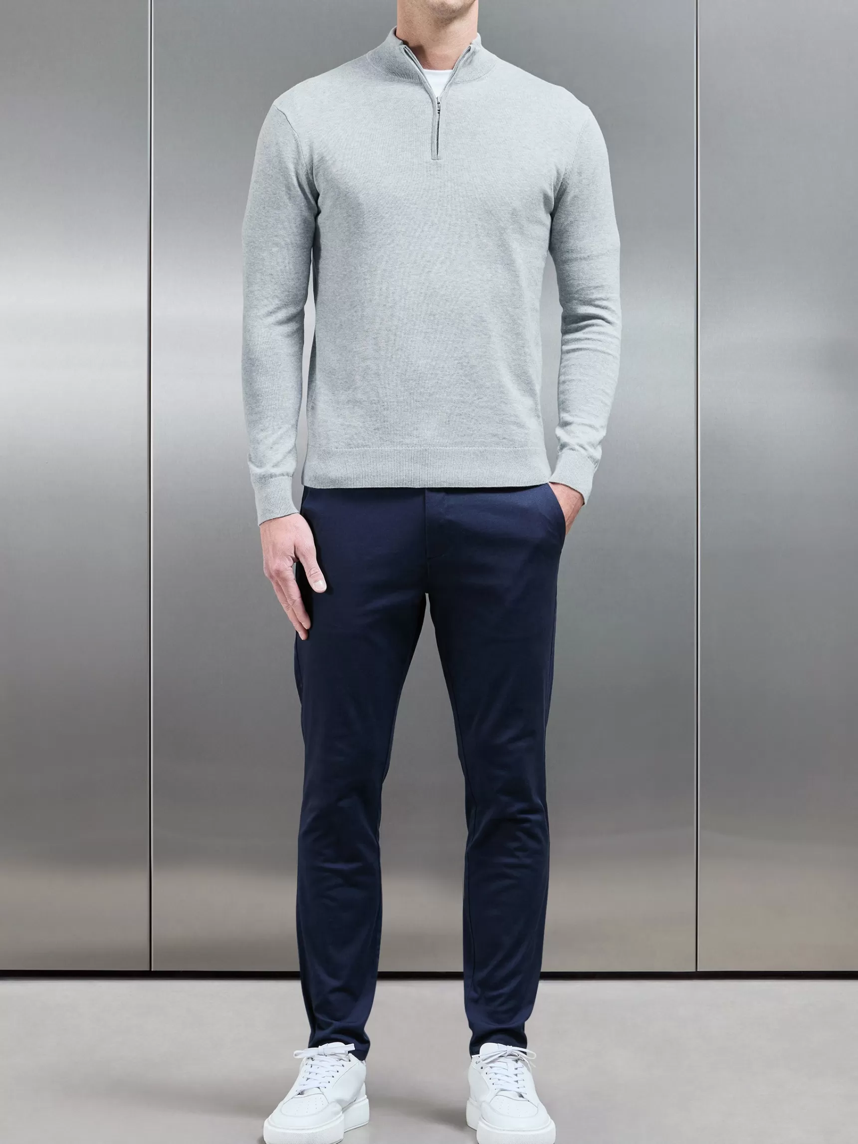 Best Sale ARNE Cotton Knitted Half Zip Funnel Neck Jumper - Marl Grey MarlGrey