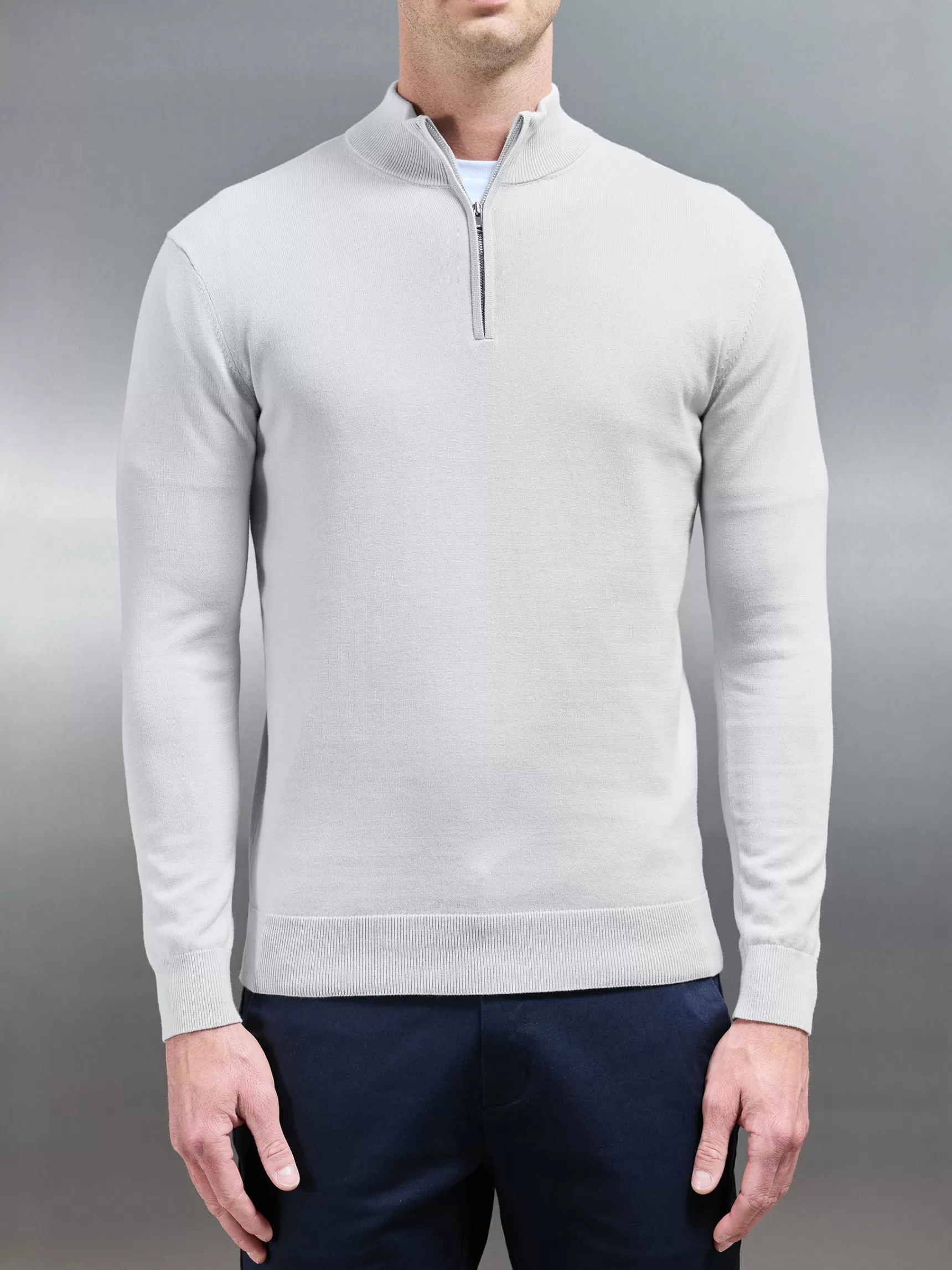Sale ARNE Cotton Knitted Half Zip Funnel Neck Jumper - Mid Grey MidGrey