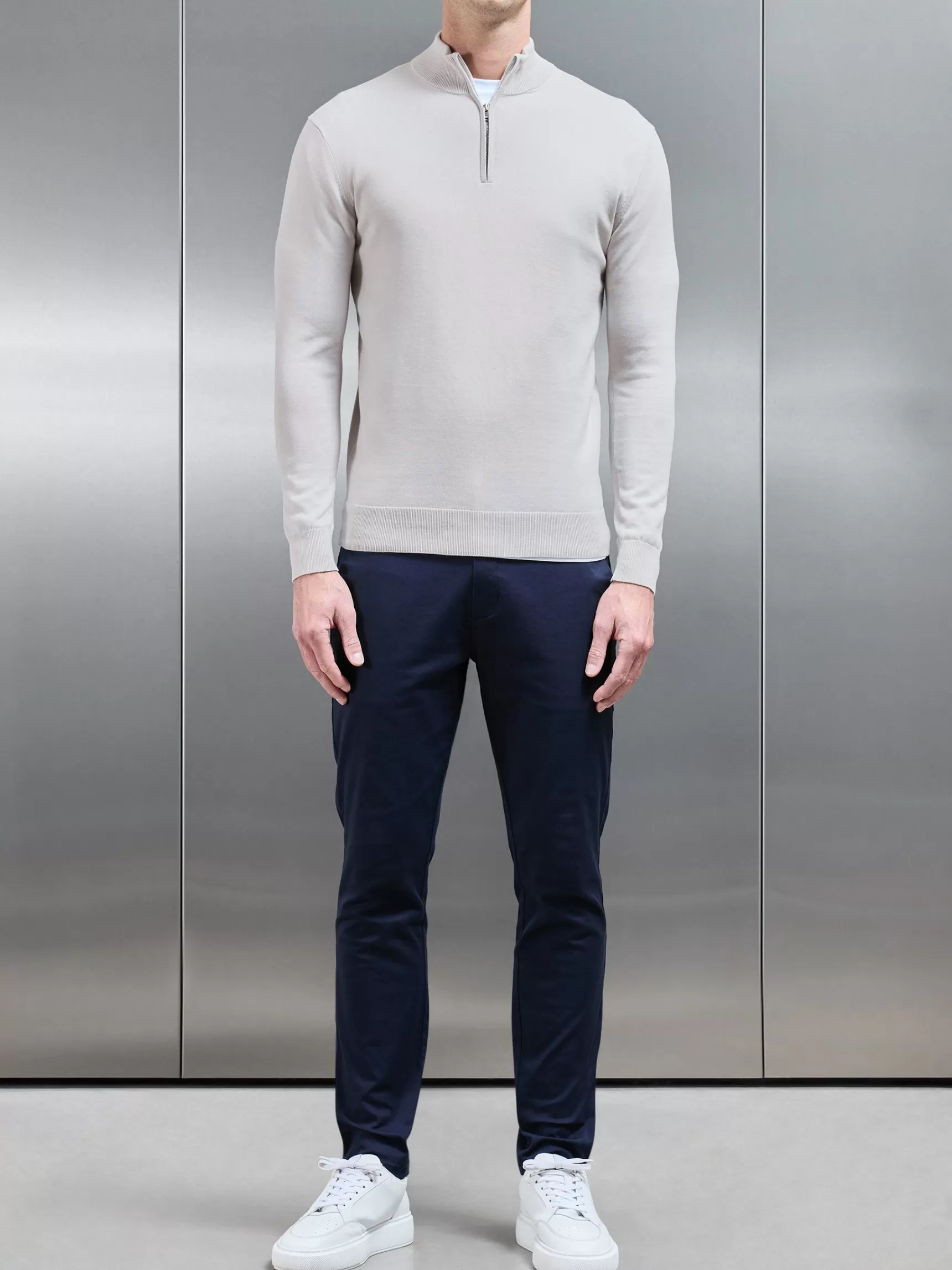 Sale ARNE Cotton Knitted Half Zip Funnel Neck Jumper - Mid Grey MidGrey
