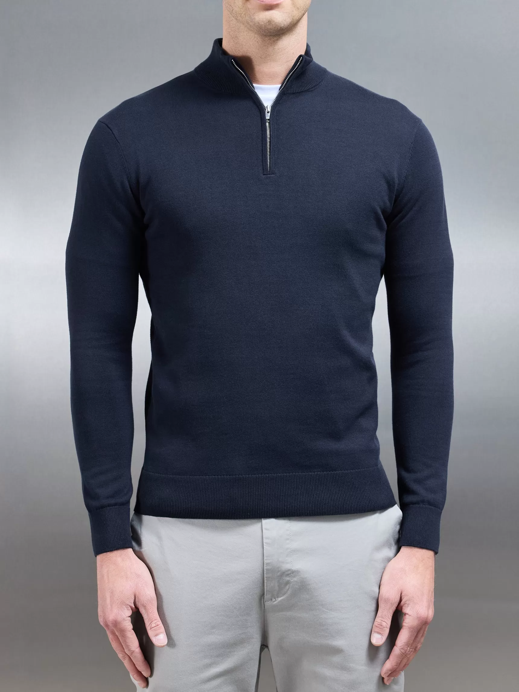 Discount ARNE Cotton Knitted Half Zip Funnel Neck Jumper - Navy