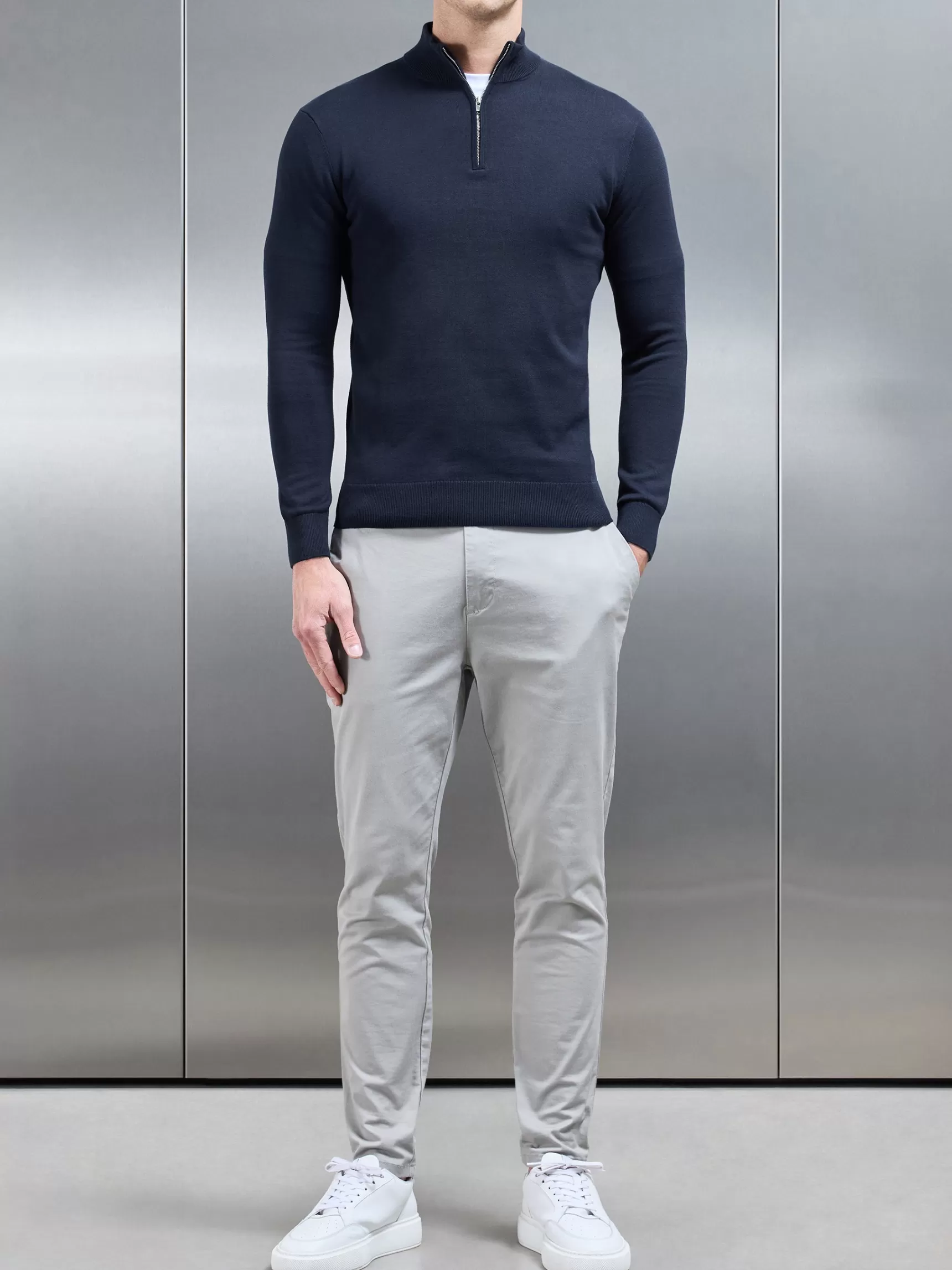 Discount ARNE Cotton Knitted Half Zip Funnel Neck Jumper - Navy