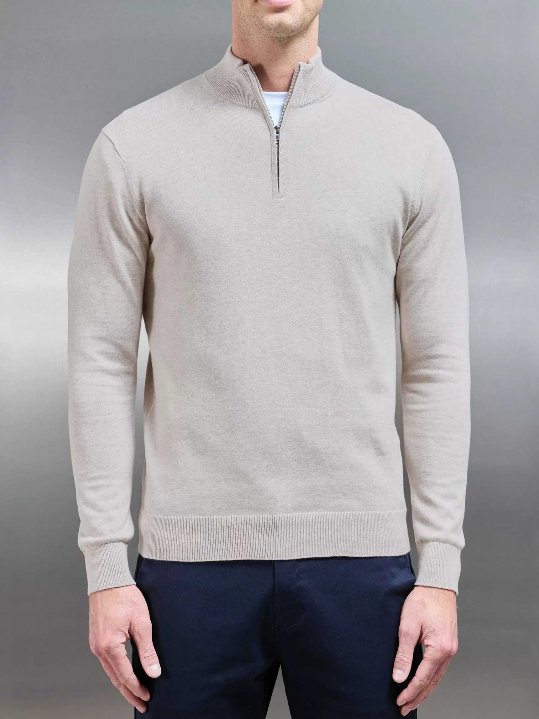 Sale ARNE Cotton Knitted Half Zip Funnel Neck Jumper - Oatmeal