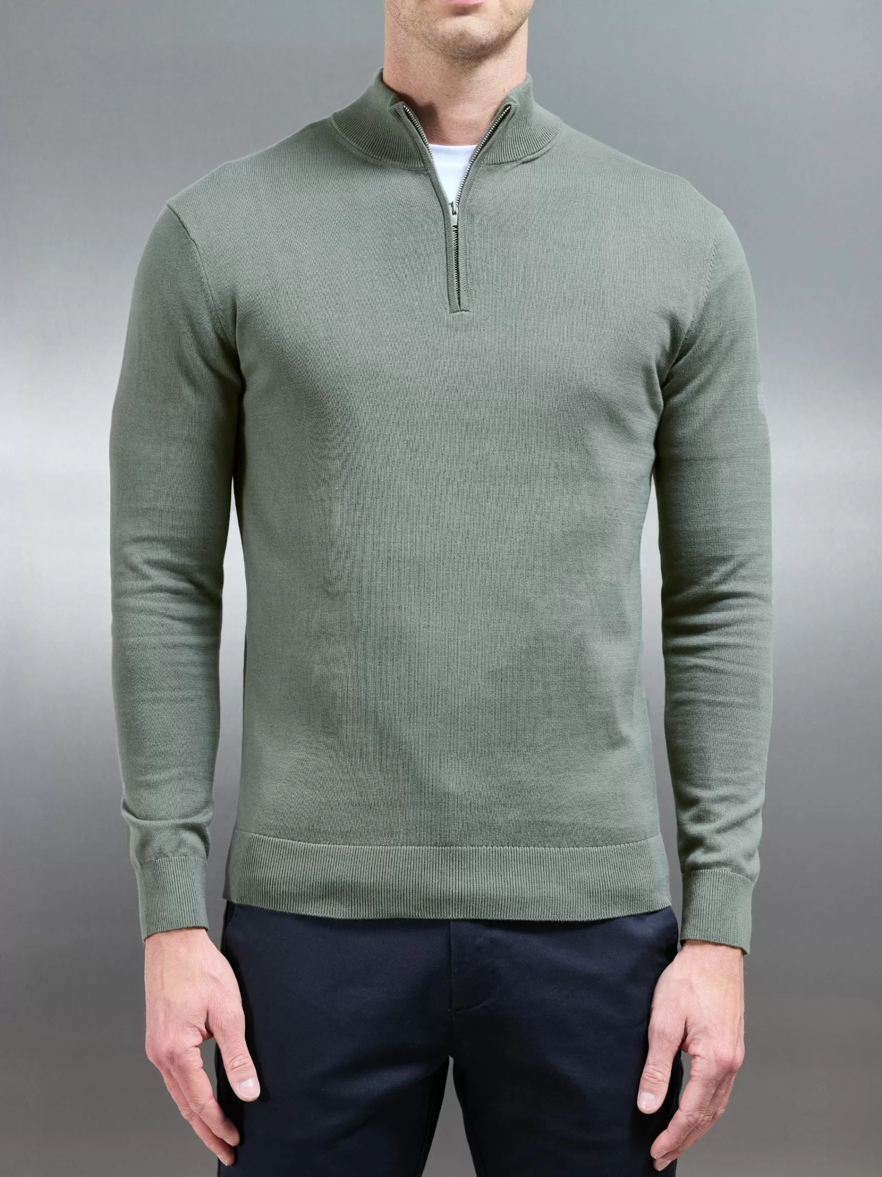 Store ARNE Cotton Knitted Half Zip Funnel Neck Jumper - Sage