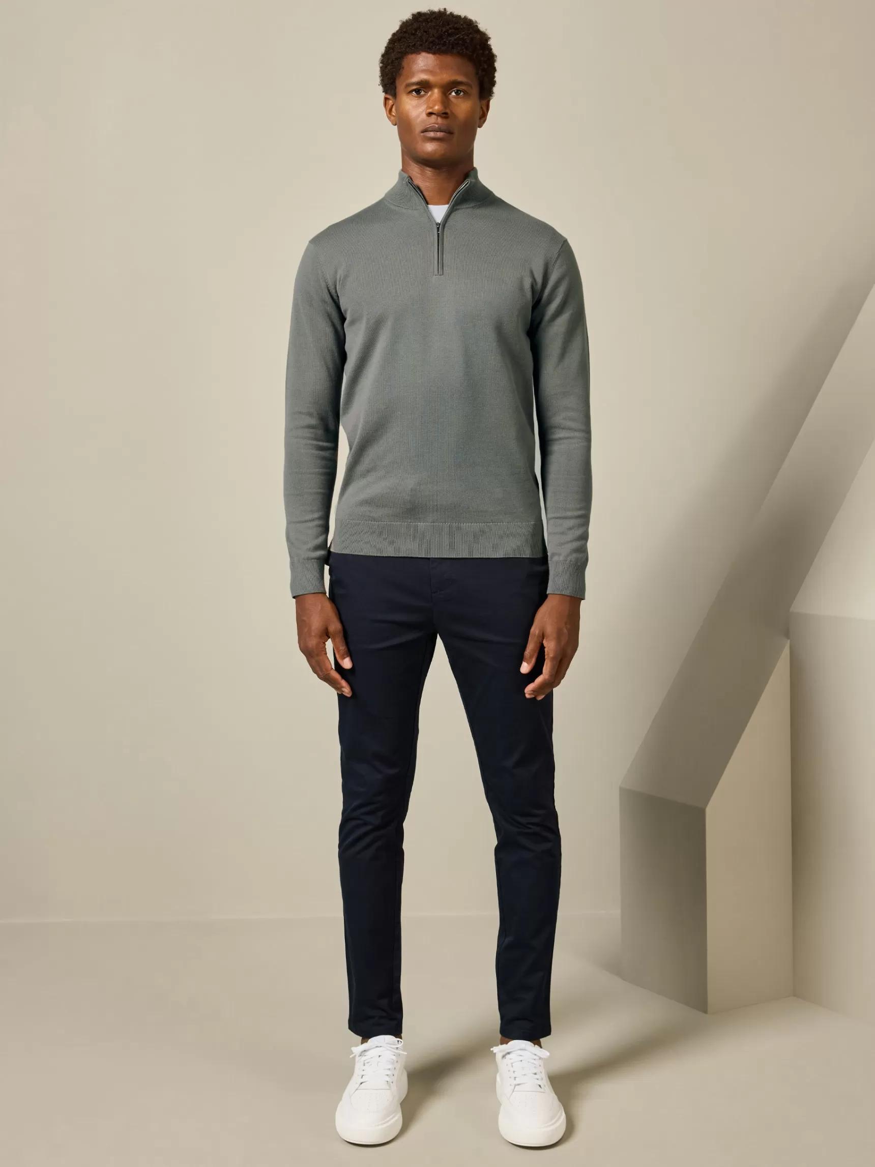 Store ARNE Cotton Knitted Half Zip Funnel Neck Jumper - Sage