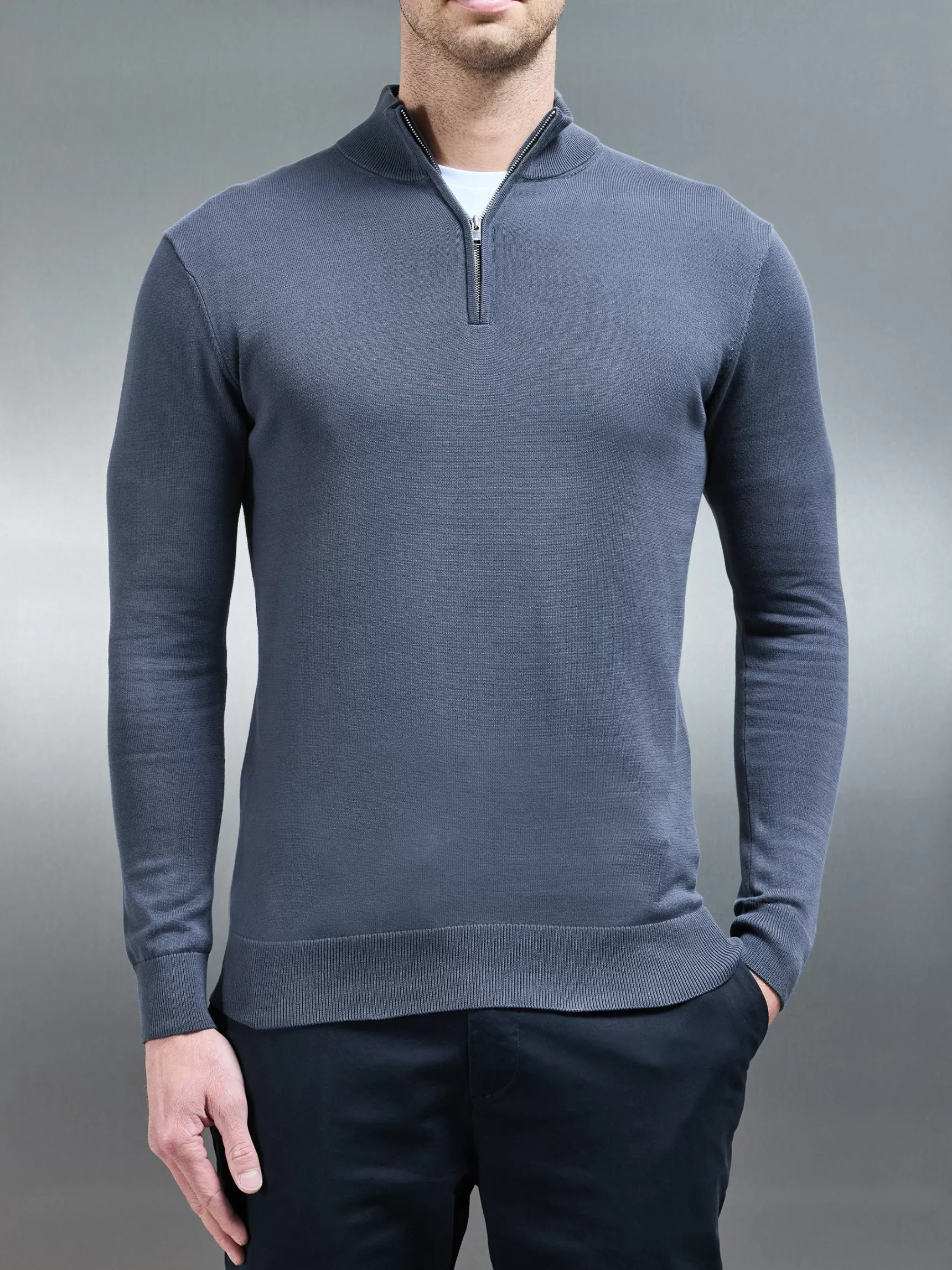 Outlet ARNE Cotton Knitted Half Zip Funnel Neck Jumper - Slate Blue SlateBlue