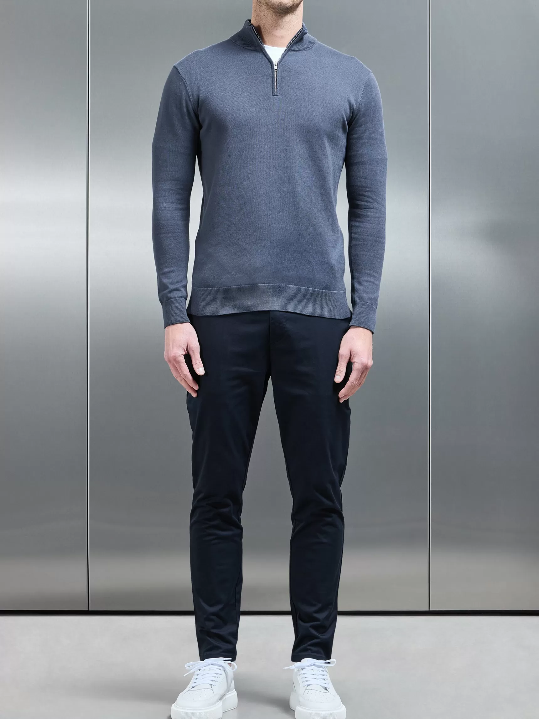 Outlet ARNE Cotton Knitted Half Zip Funnel Neck Jumper - Slate Blue SlateBlue